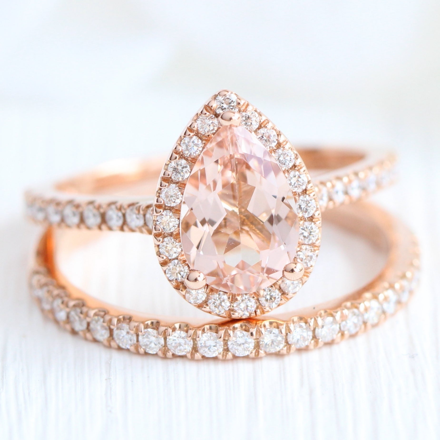 Pear morganite ring stack rose gold pave diamond wedding ring set la more design jewelry