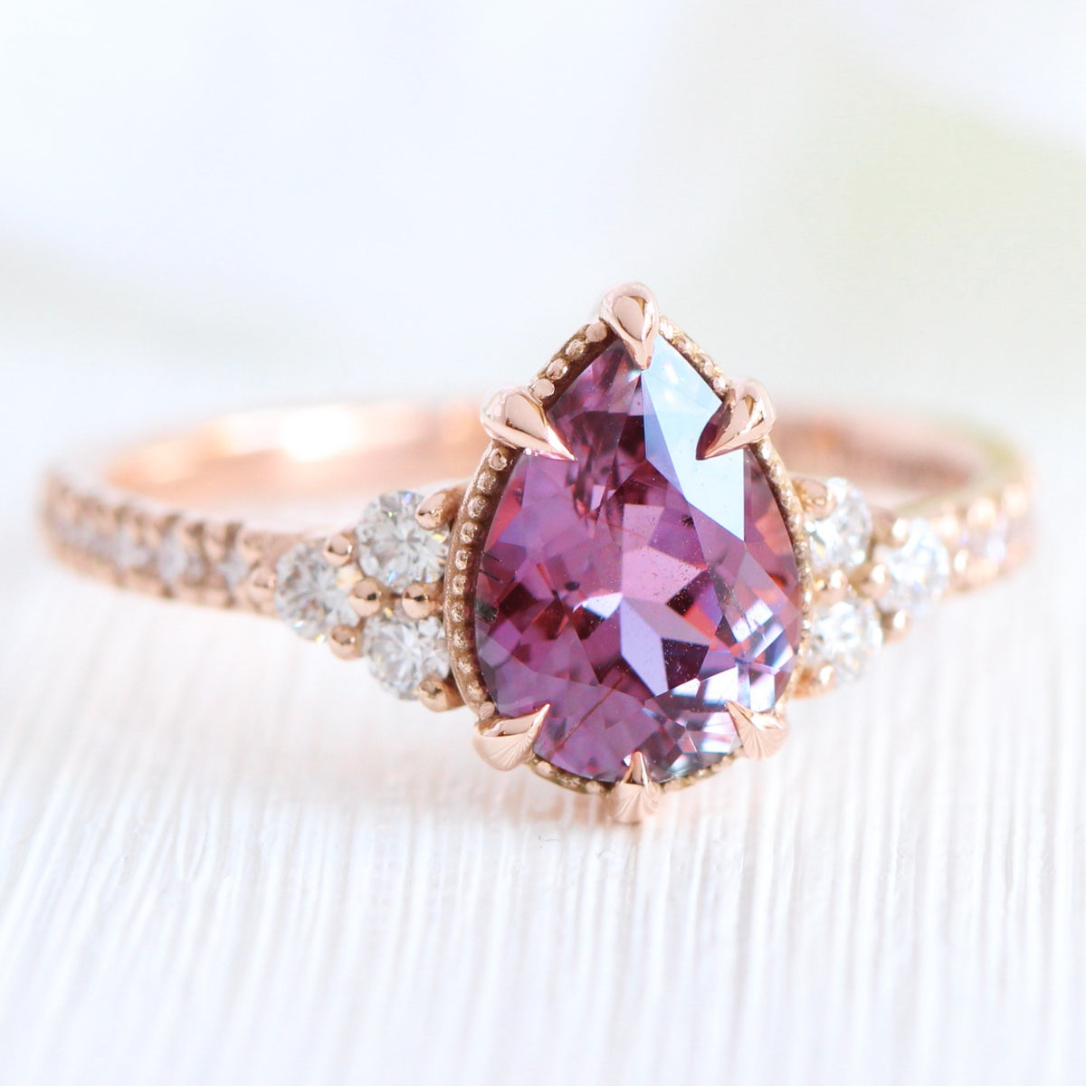 Pear purple sapphire diamond ring rose gold vintage 3 stone ring la more design jewelry