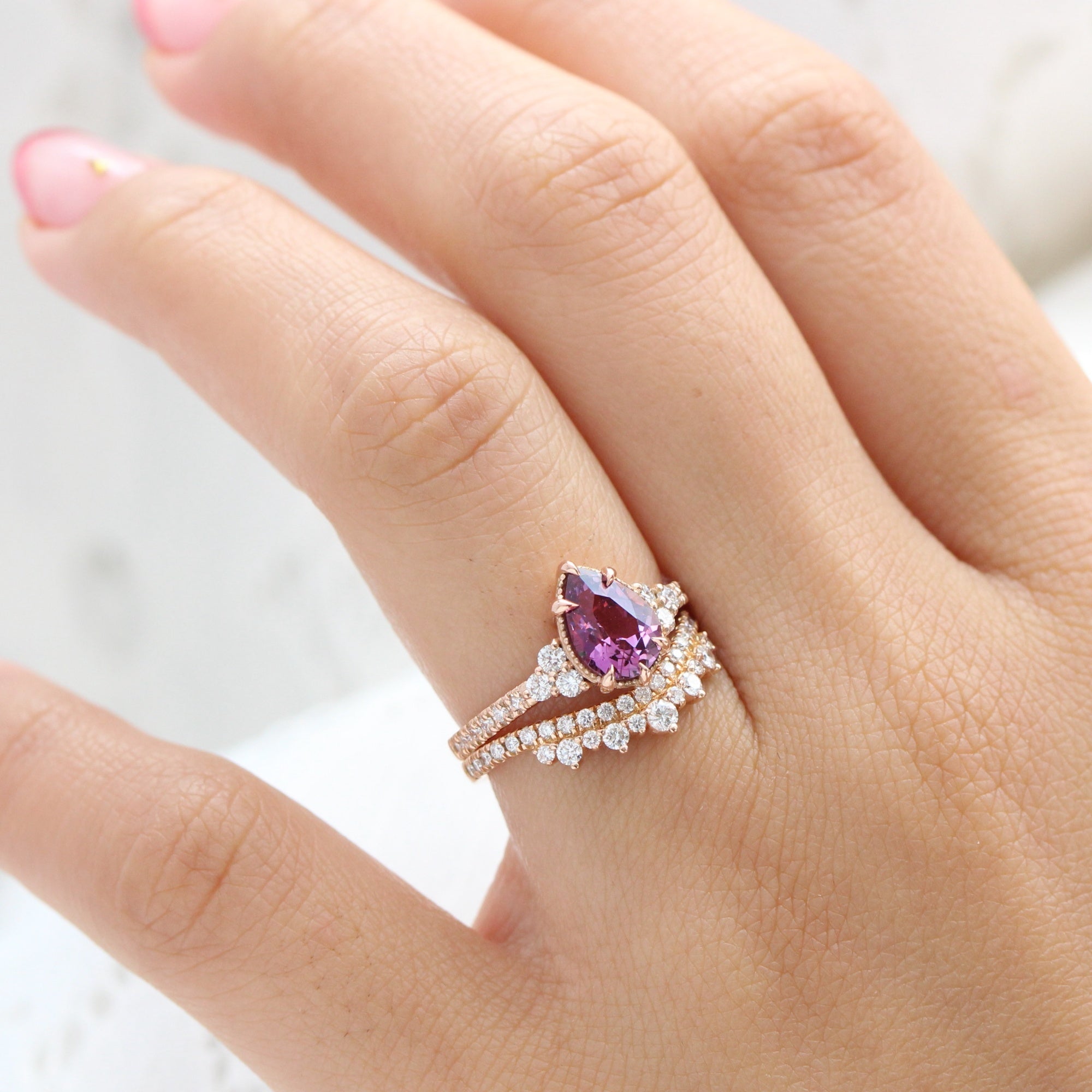 Pear purple sapphire diamond ring rose gold vintage 3 stone ring la more design jewelry