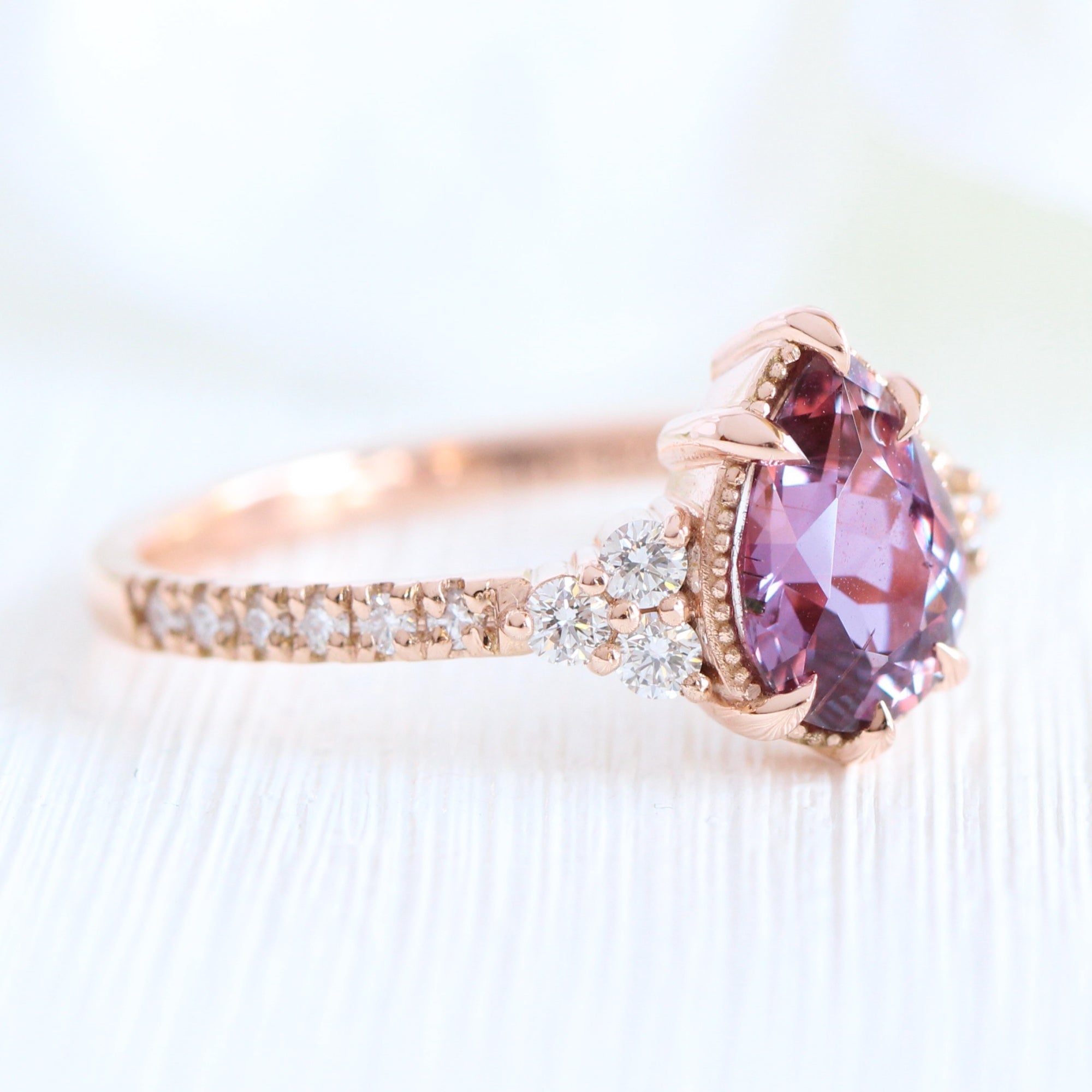 Pear purple sapphire diamond ring rose gold vintage 3 stone ring la more design jewelry