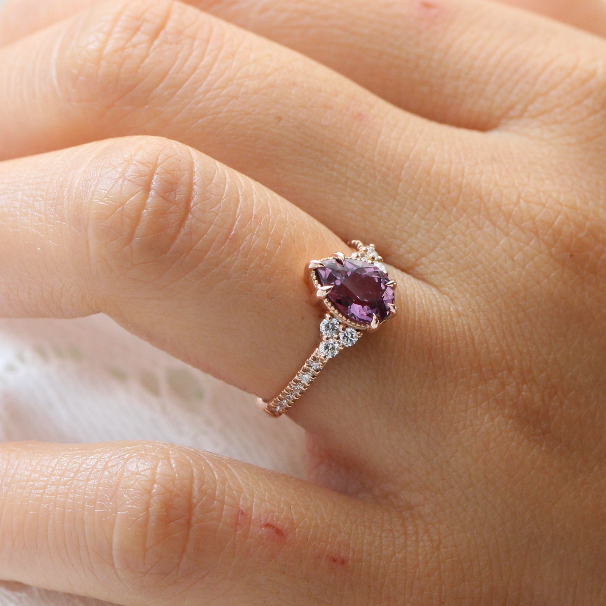 Pear purple sapphire diamond ring rose gold vintage 3 stone ring la more design jewelry