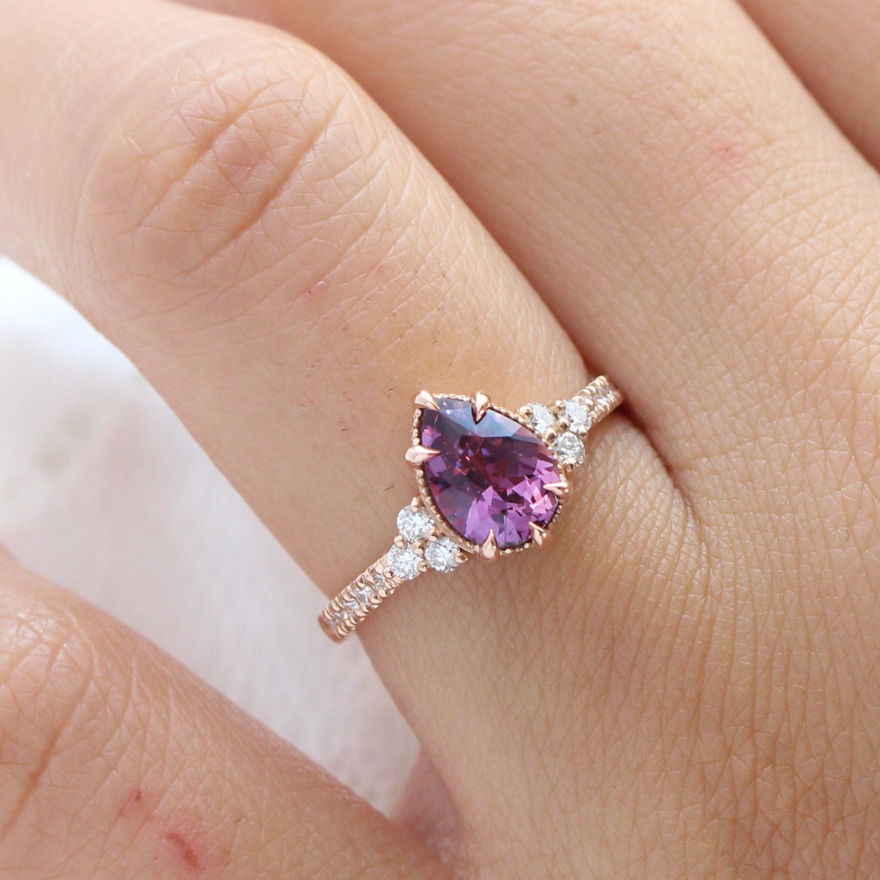 Pear purple sapphire diamond ring rose gold vintage 3 stone ring la more design jewelry