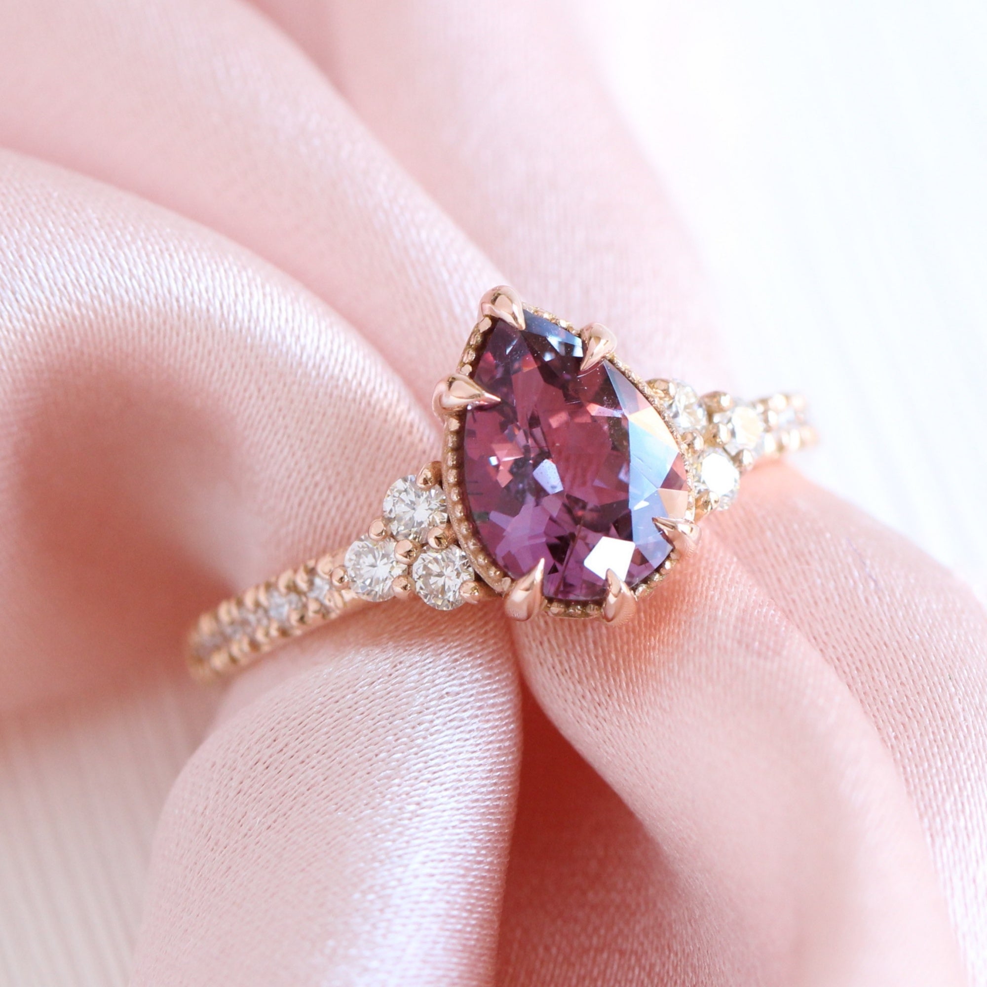 Pear purple sapphire diamond ring rose gold vintage 3 stone ring la more design jewelry