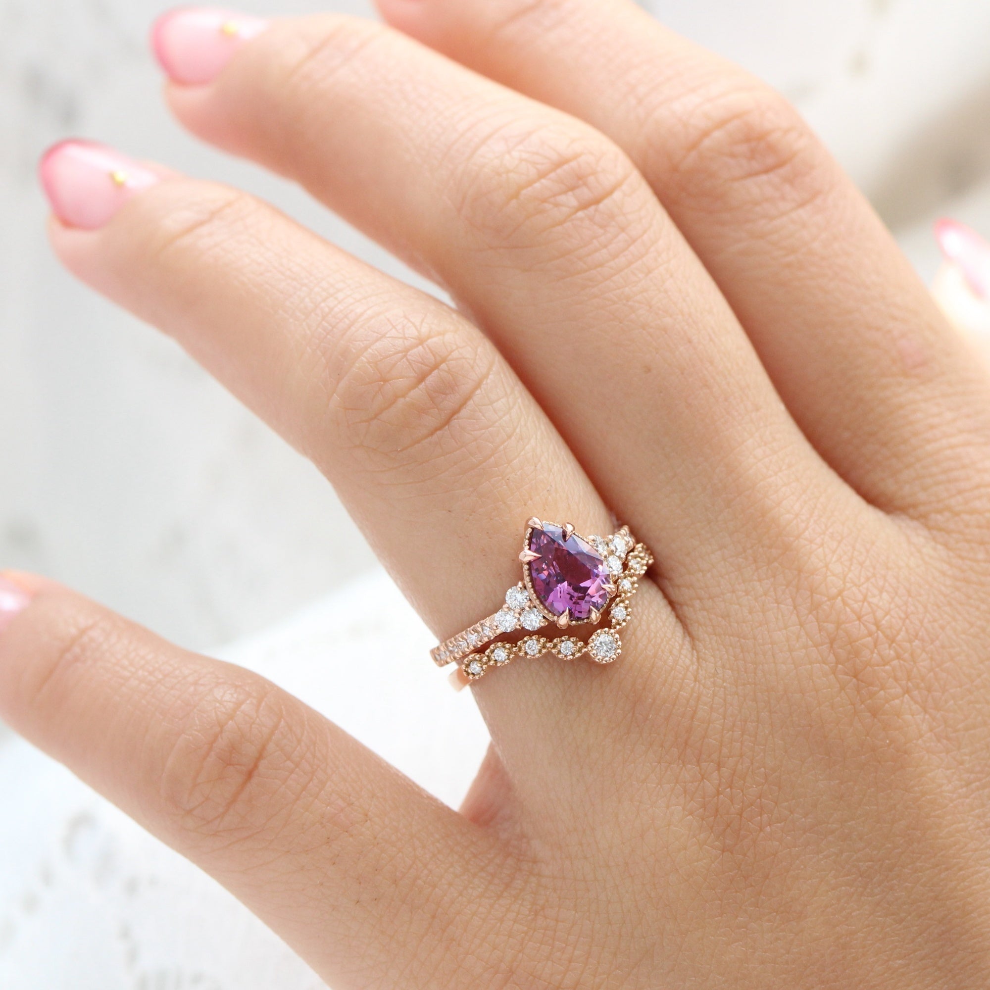 Pear purple sapphire diamond ring rose gold vintage 3 stone ring la more design jewelry
