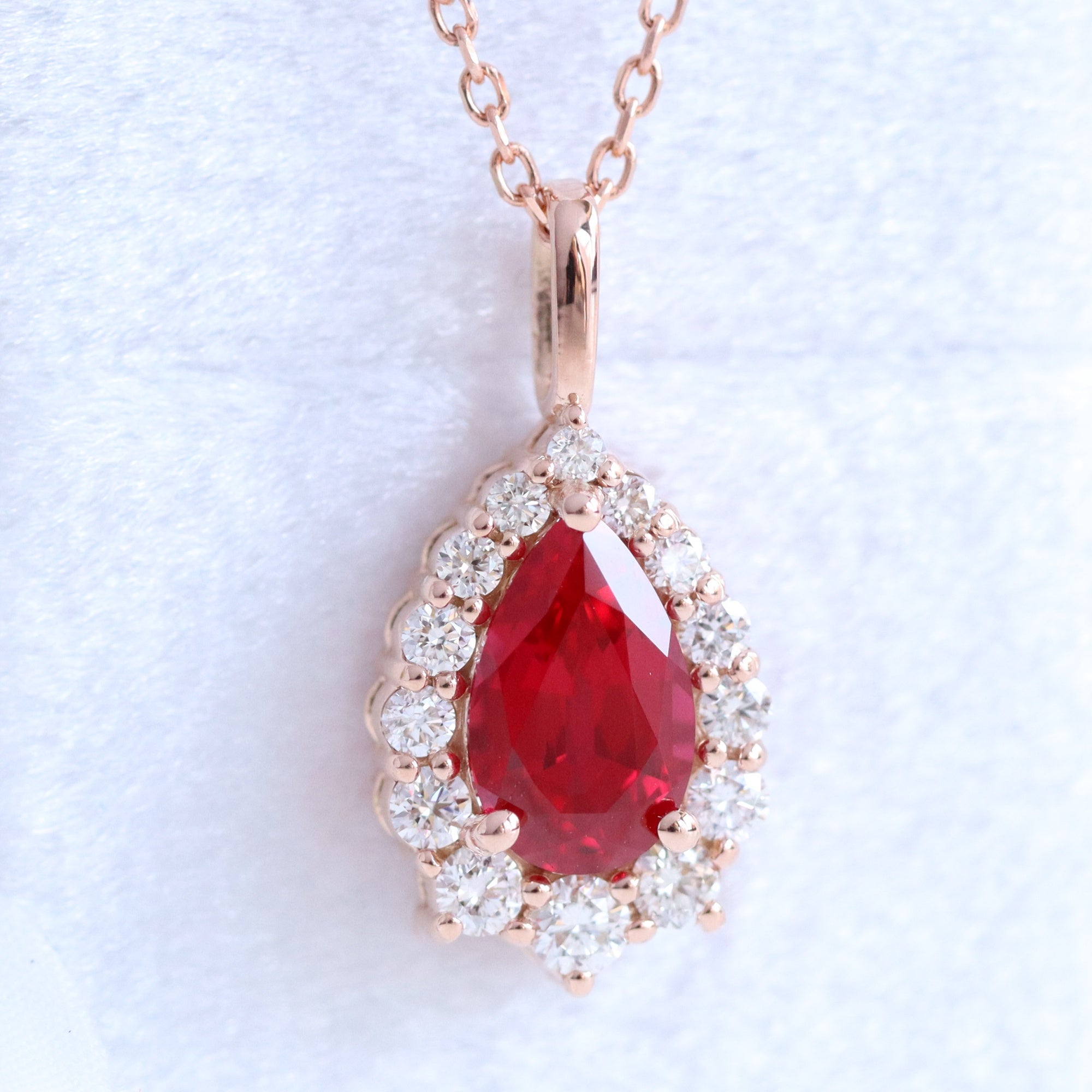 Pear ruby necklace rose gold halo style ruby diamond drop pendant necklace la more design jewelry