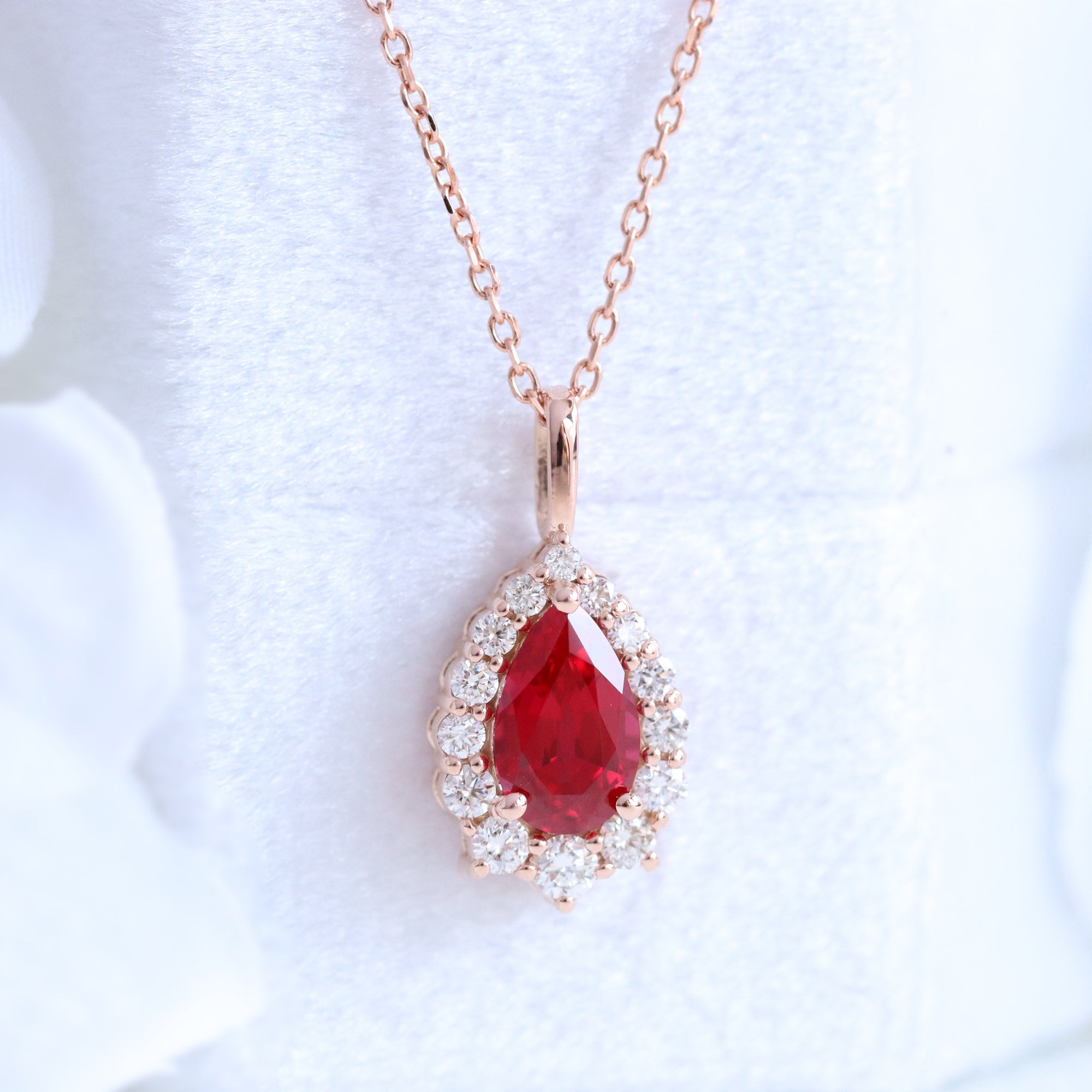 Pear ruby necklace rose gold halo style ruby diamond drop pendant necklace la more design jewelry