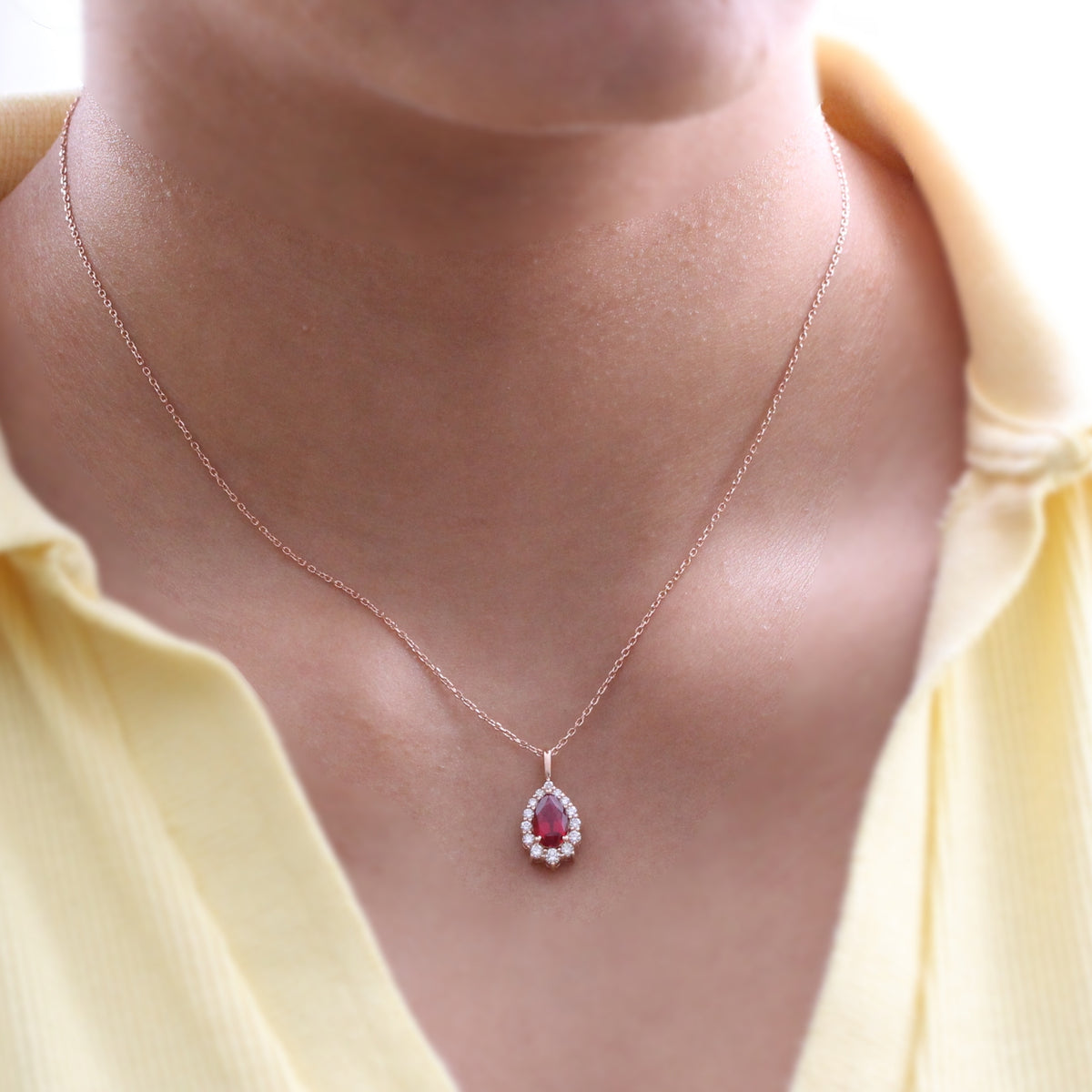 Pear ruby necklace rose gold halo style ruby diamond drop pendant necklace la more design jewelry