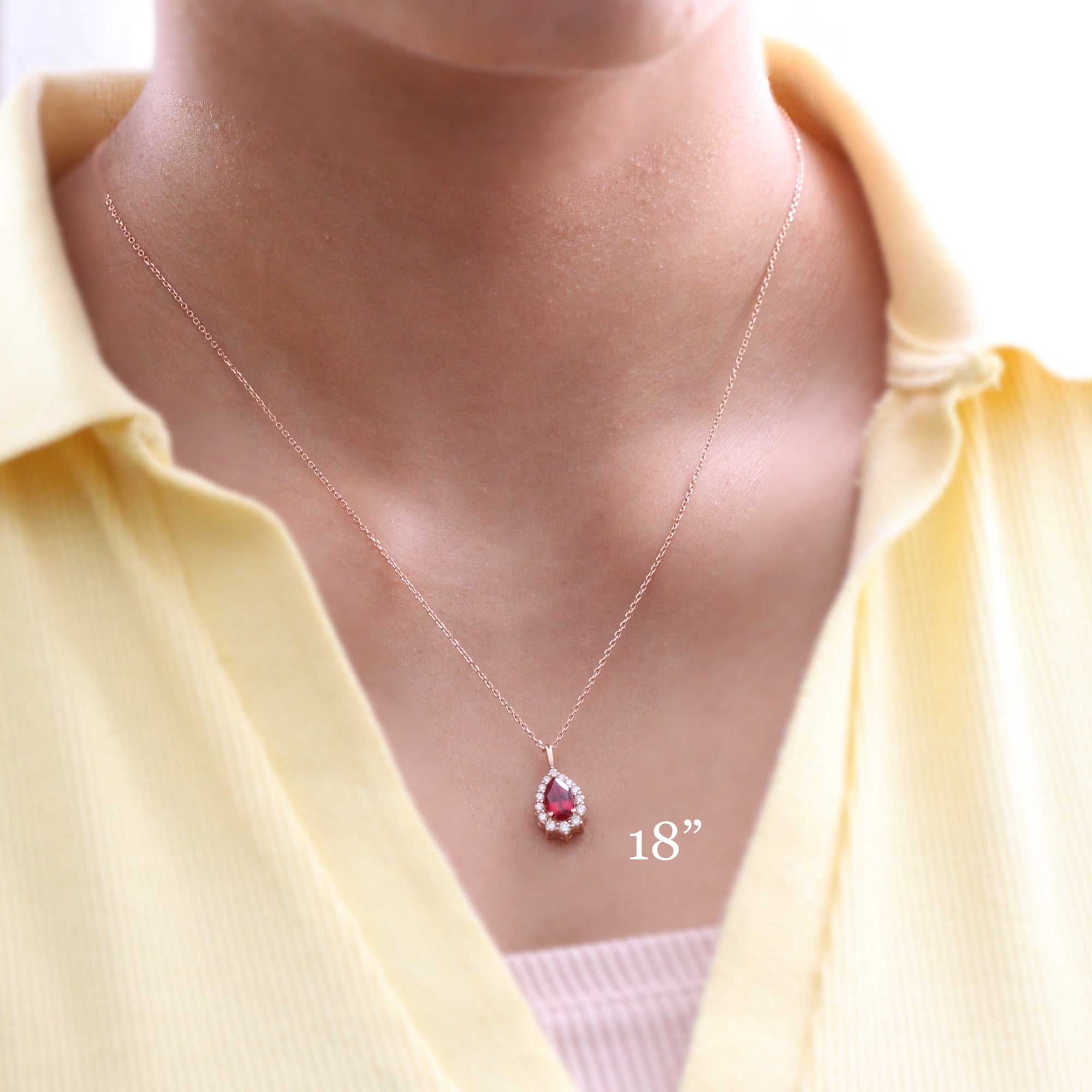 Pear Shaped Ruby Necklace Rose Gold Halo Diamond Drop Pendant