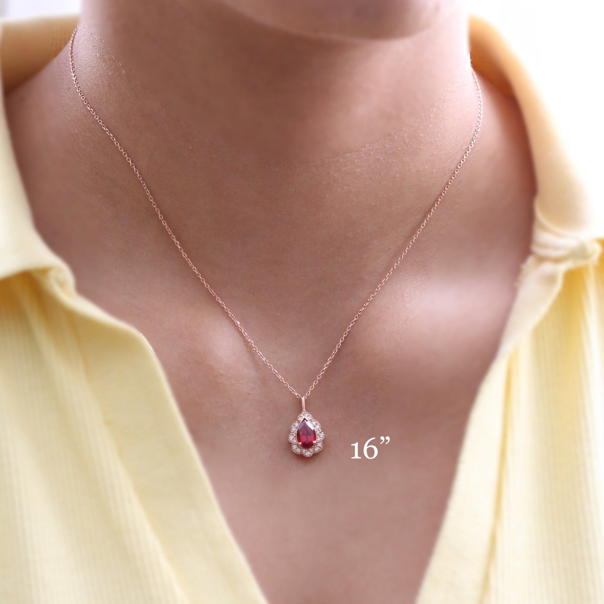 Vintage Halo Diamond Pear Ruby Necklace Rose Gold Drop Pendant La More Design