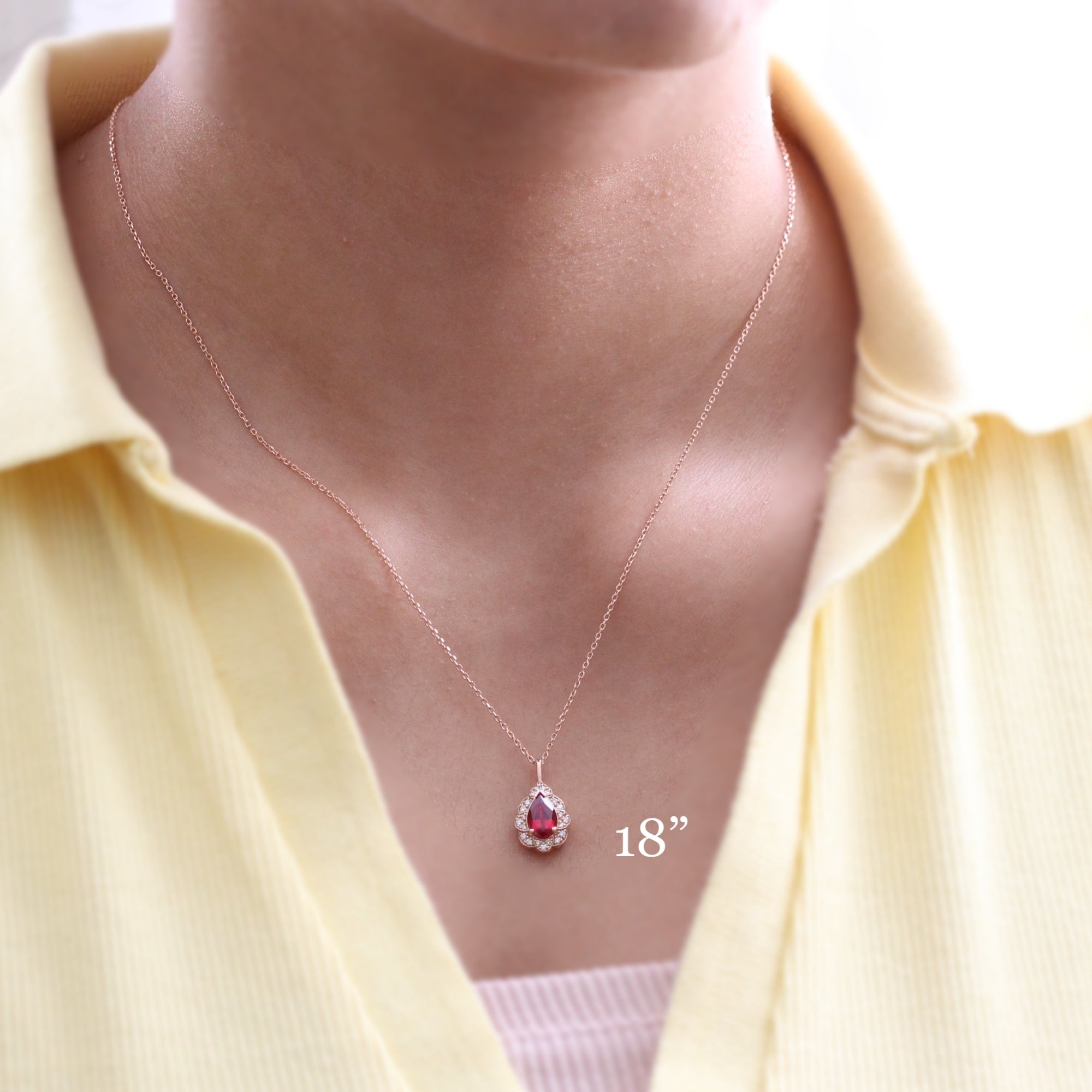 Vintage Halo Diamond Pear Ruby Necklace Rose Gold Drop Pendant