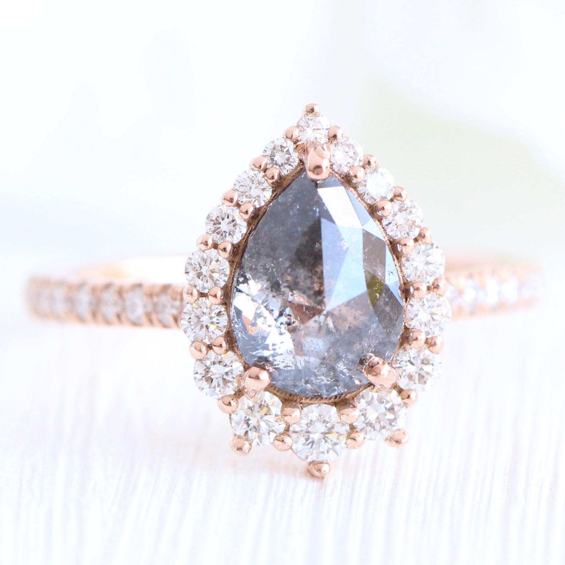 Pear salt and pepper diamond ring rose gold halo diamond ring la more design jewelry