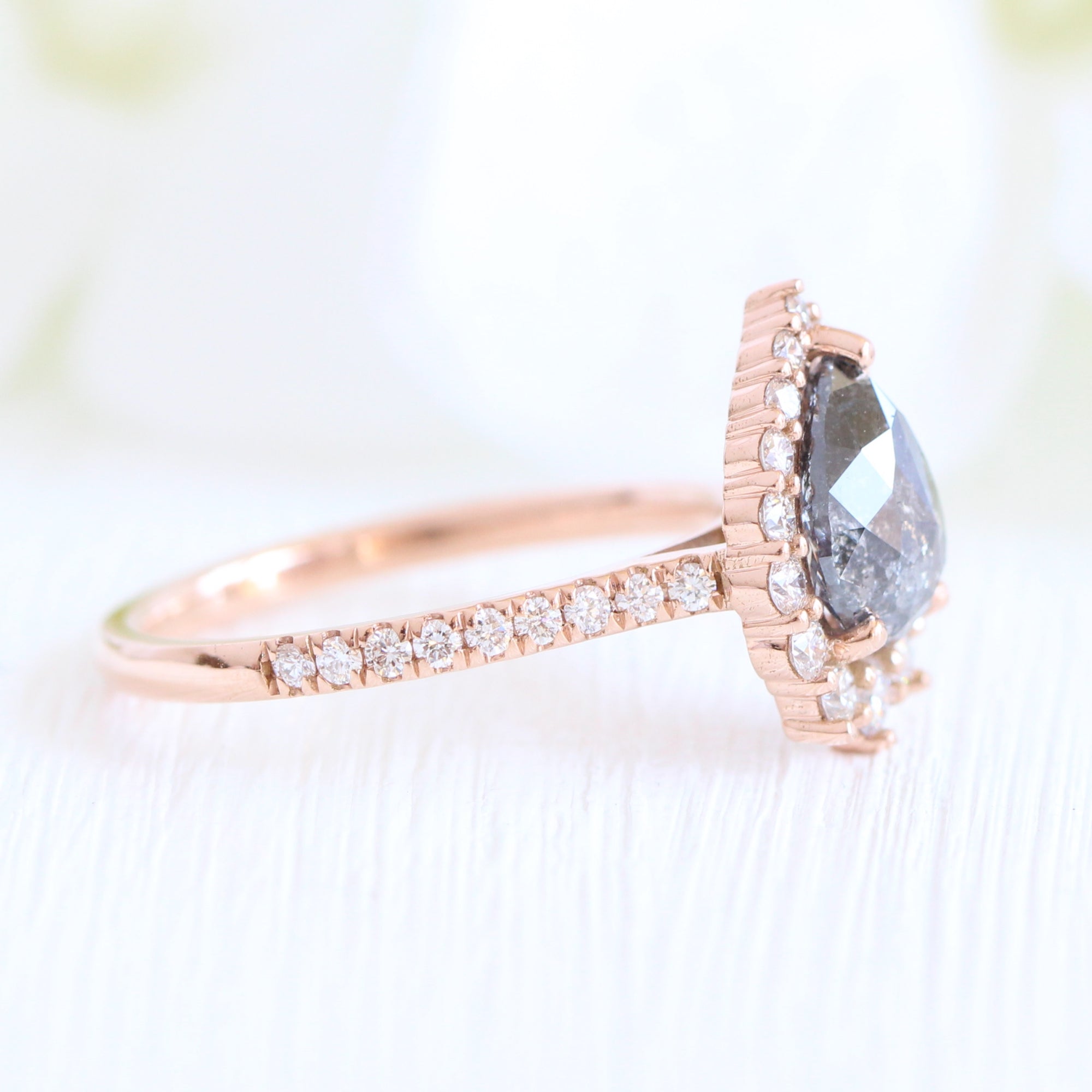 Pear salt and pepper diamond ring rose gold halo diamond ring la more design jewelry-1