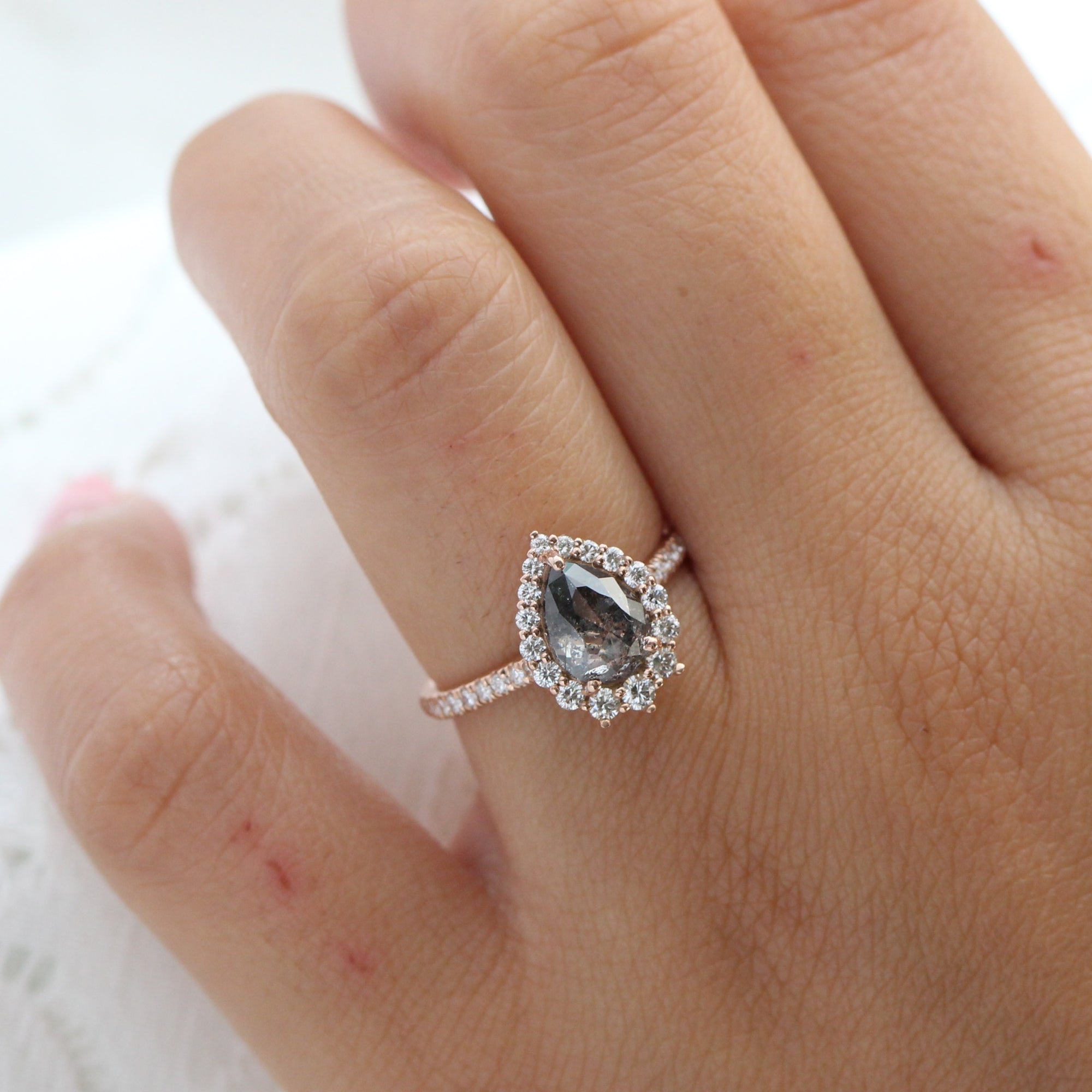 Pear salt and pepper diamond ring rose gold halo diamond ring la more design jewelry