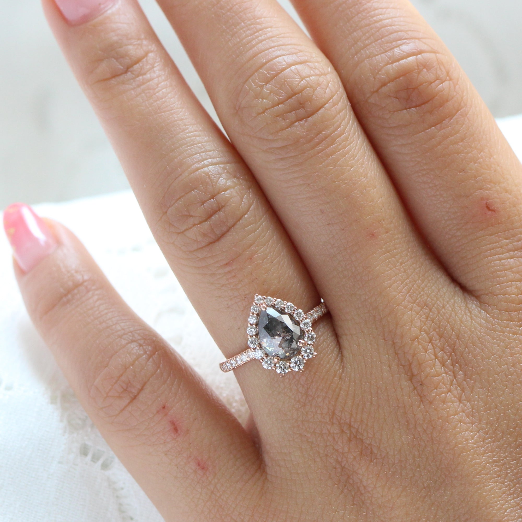 Pear salt and pepper diamond ring rose gold halo diamond ring la more design jewelry