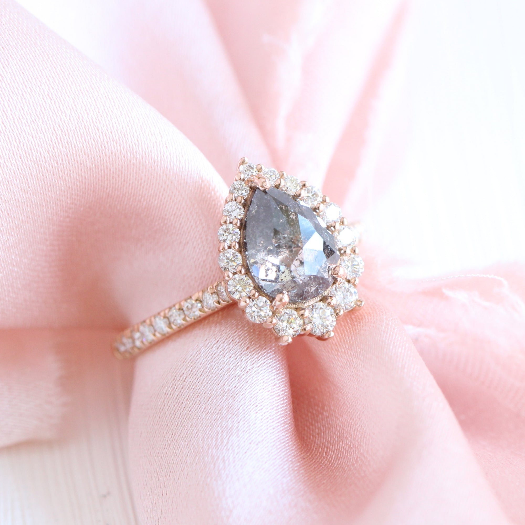 Pear salt and pepper diamond ring rose gold halo diamond ring la more design jewelry