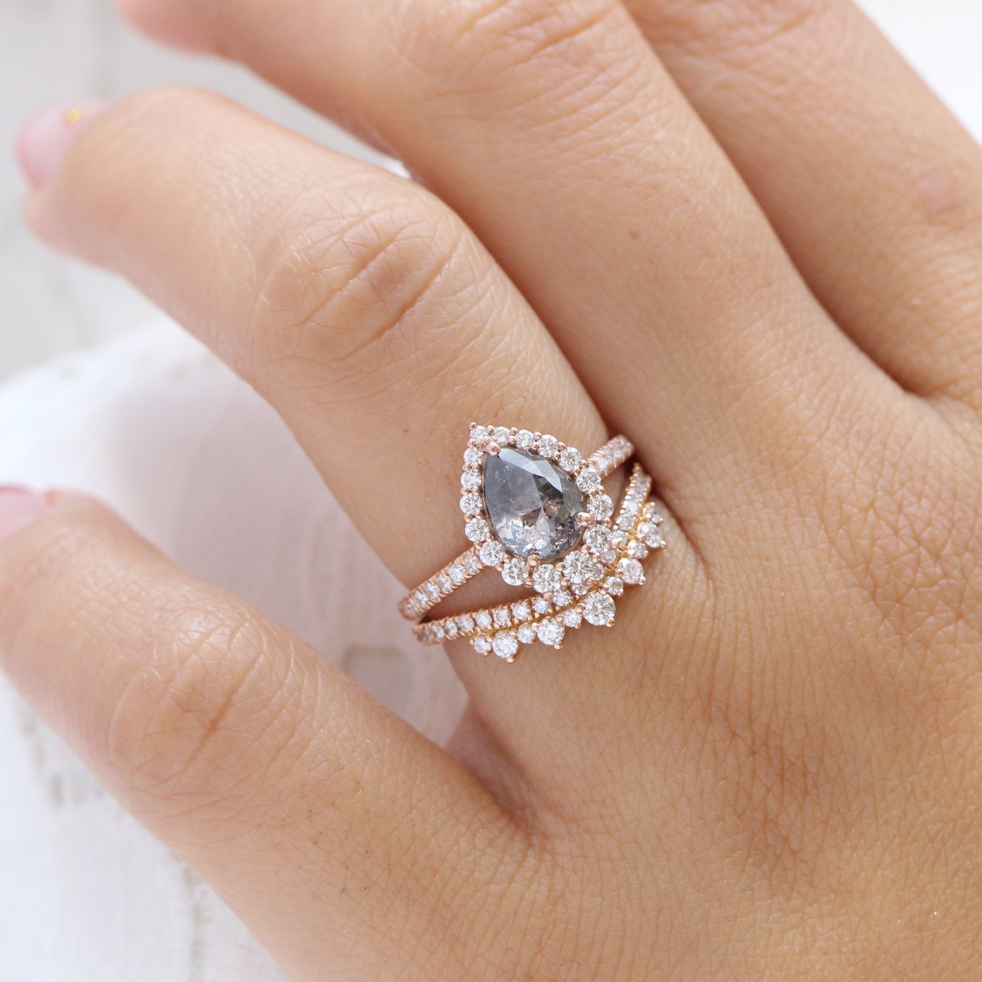 Pear salt and pepper diamond ring rose gold halo diamond ring la more design jewelry