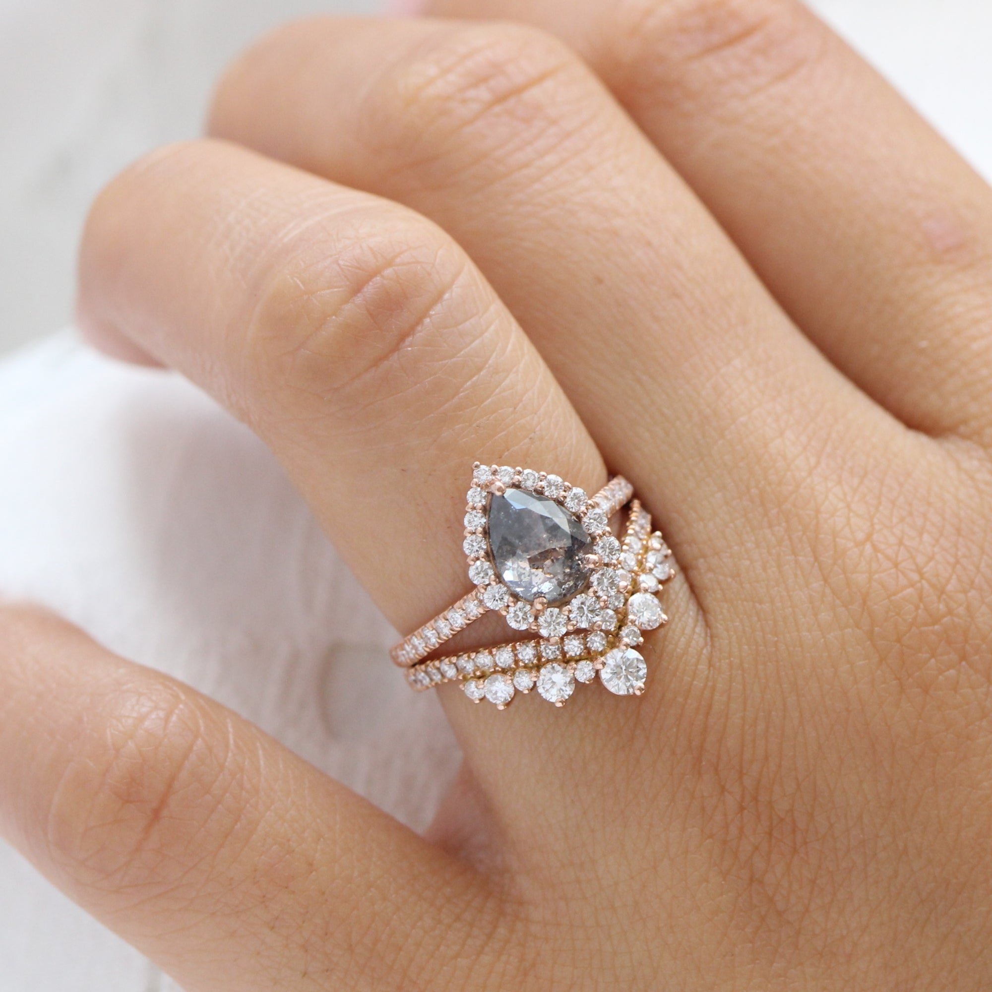 Pear salt and pepper diamond ring rose gold halo diamond ring la more design jewelry
