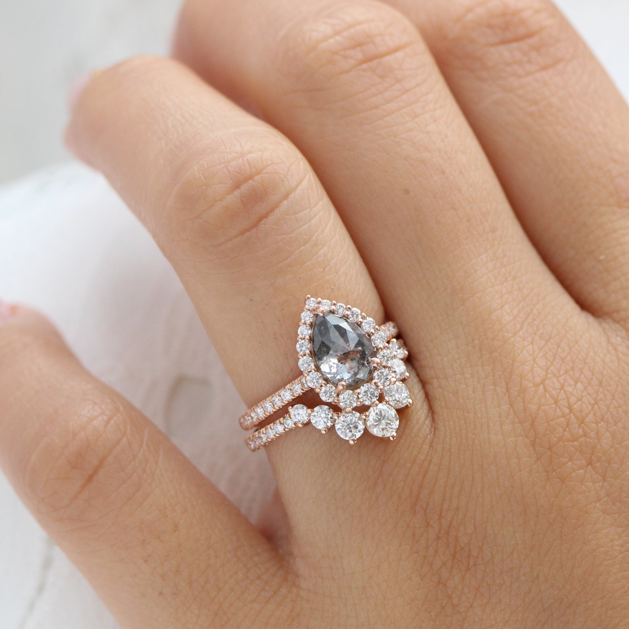 Pear salt and pepper diamond ring rose gold halo diamond ring la more design jewelry