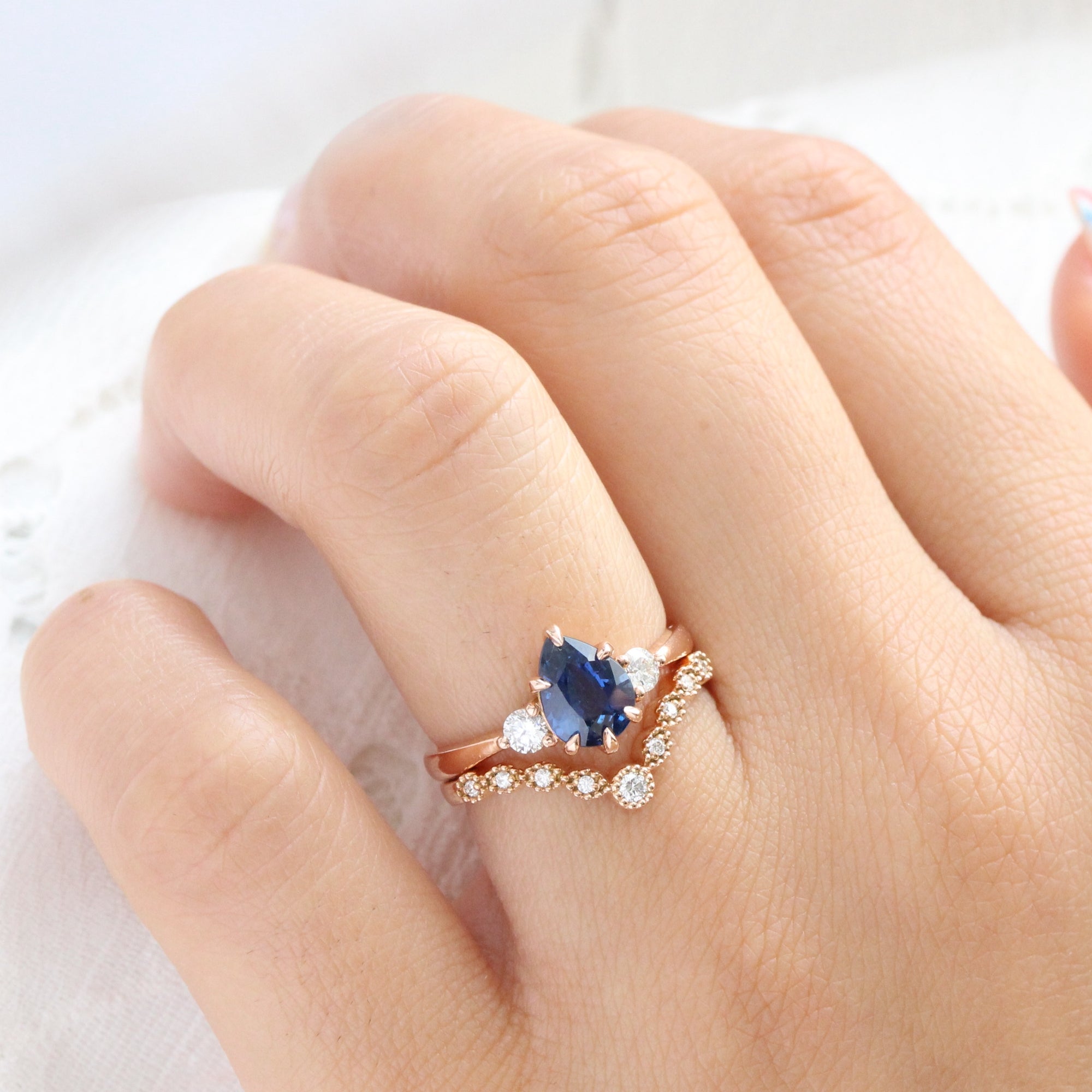 Pear sapphire engagement ring rose gold 3 stone diamond ring la more design jewelry