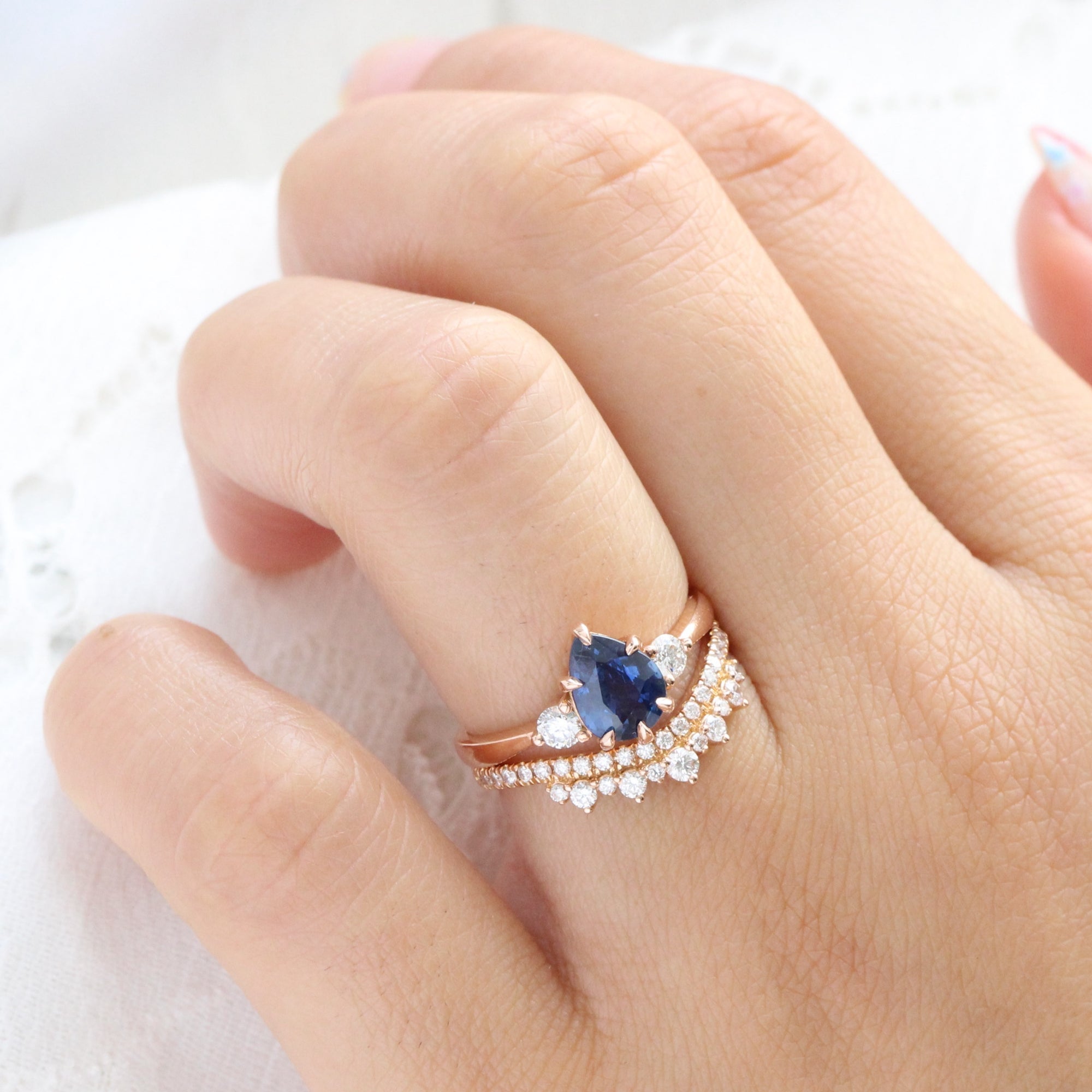 Pear sapphire engagement ring rose gold 3 stone diamond ring la more design jewelry
