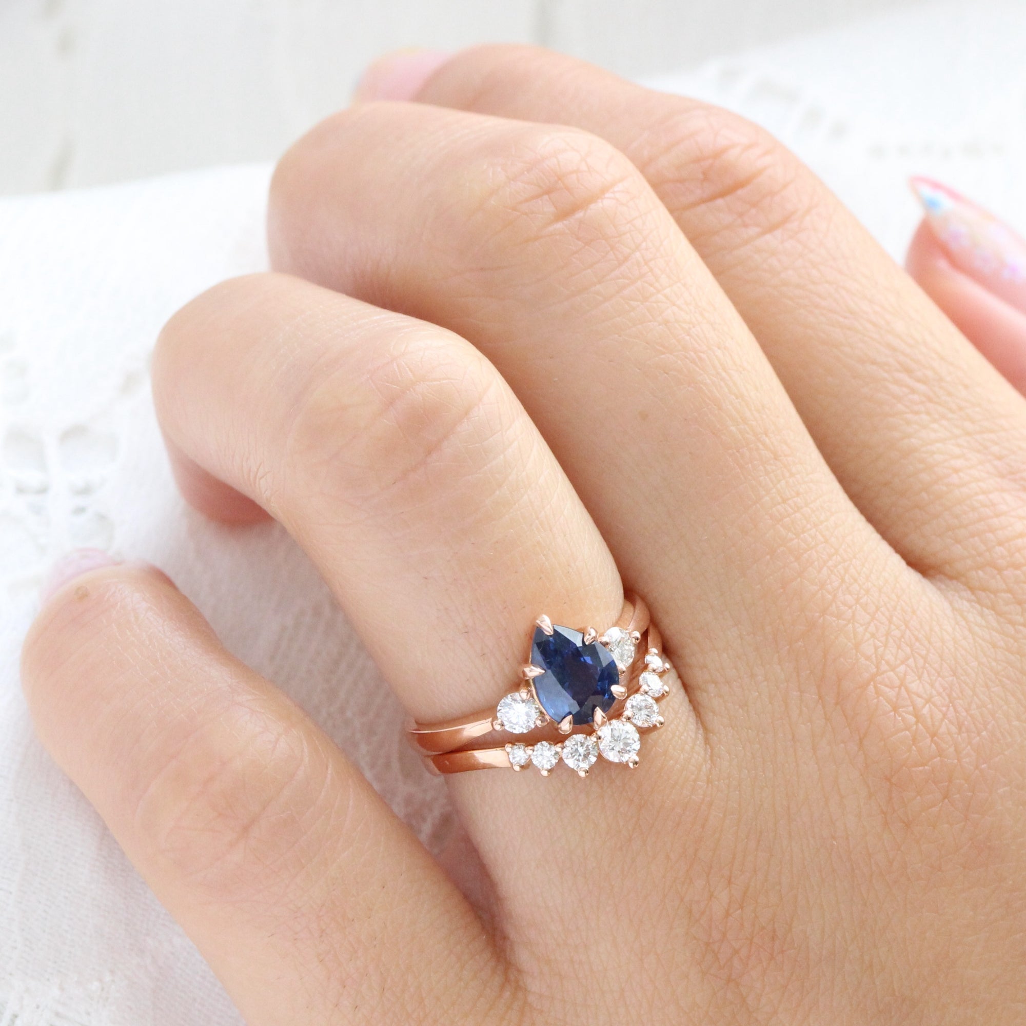 Pear sapphire engagement ring rose gold 3 stone diamond ring la more design jewelry
