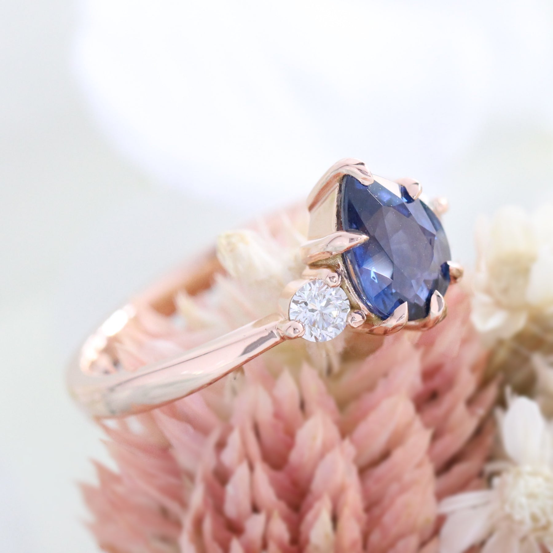 Pear sapphire engagement ring rose gold 3 stone diamond ring la more design jewelry