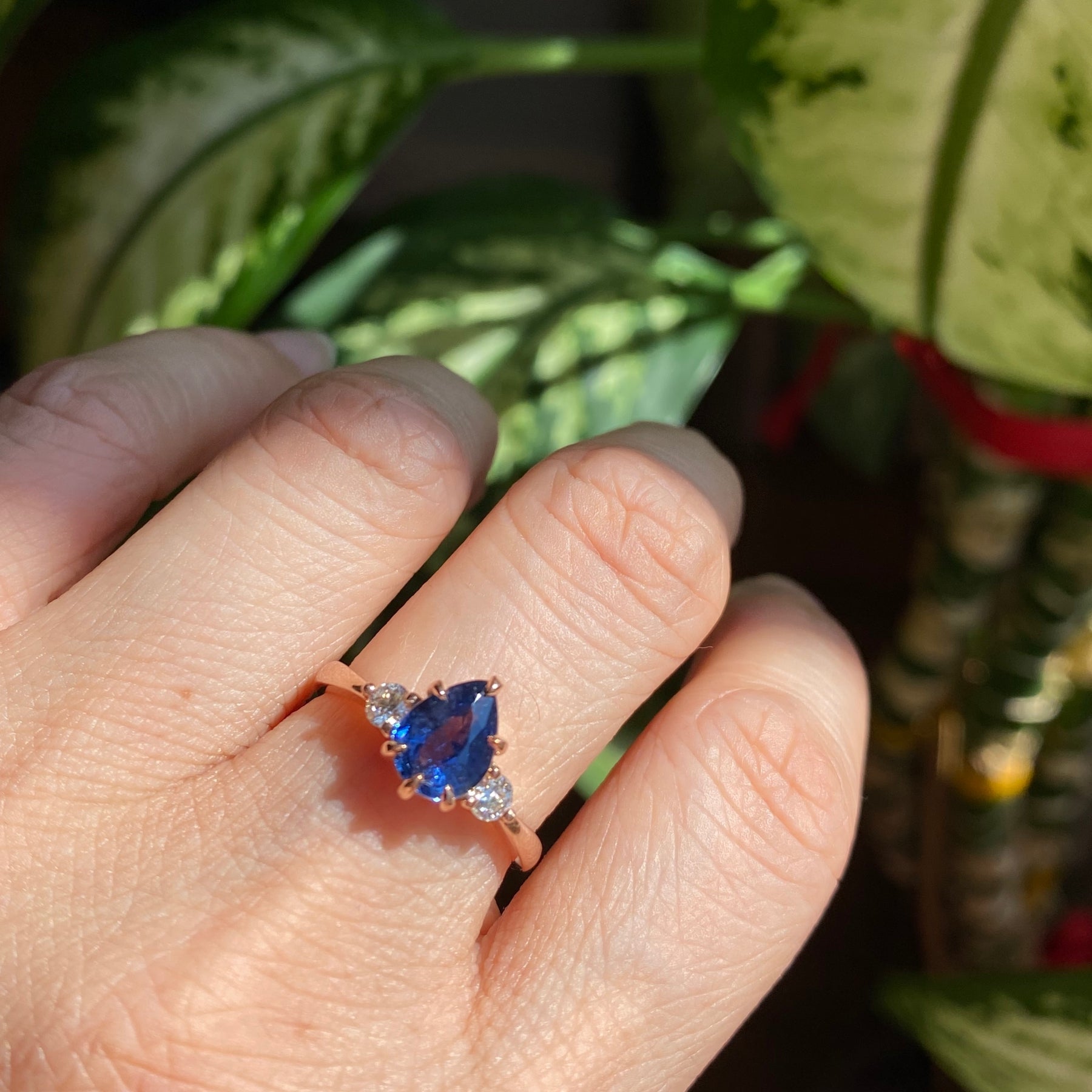 Pear sapphire engagement ring rose gold 3 stone diamond ring la more design jewelry