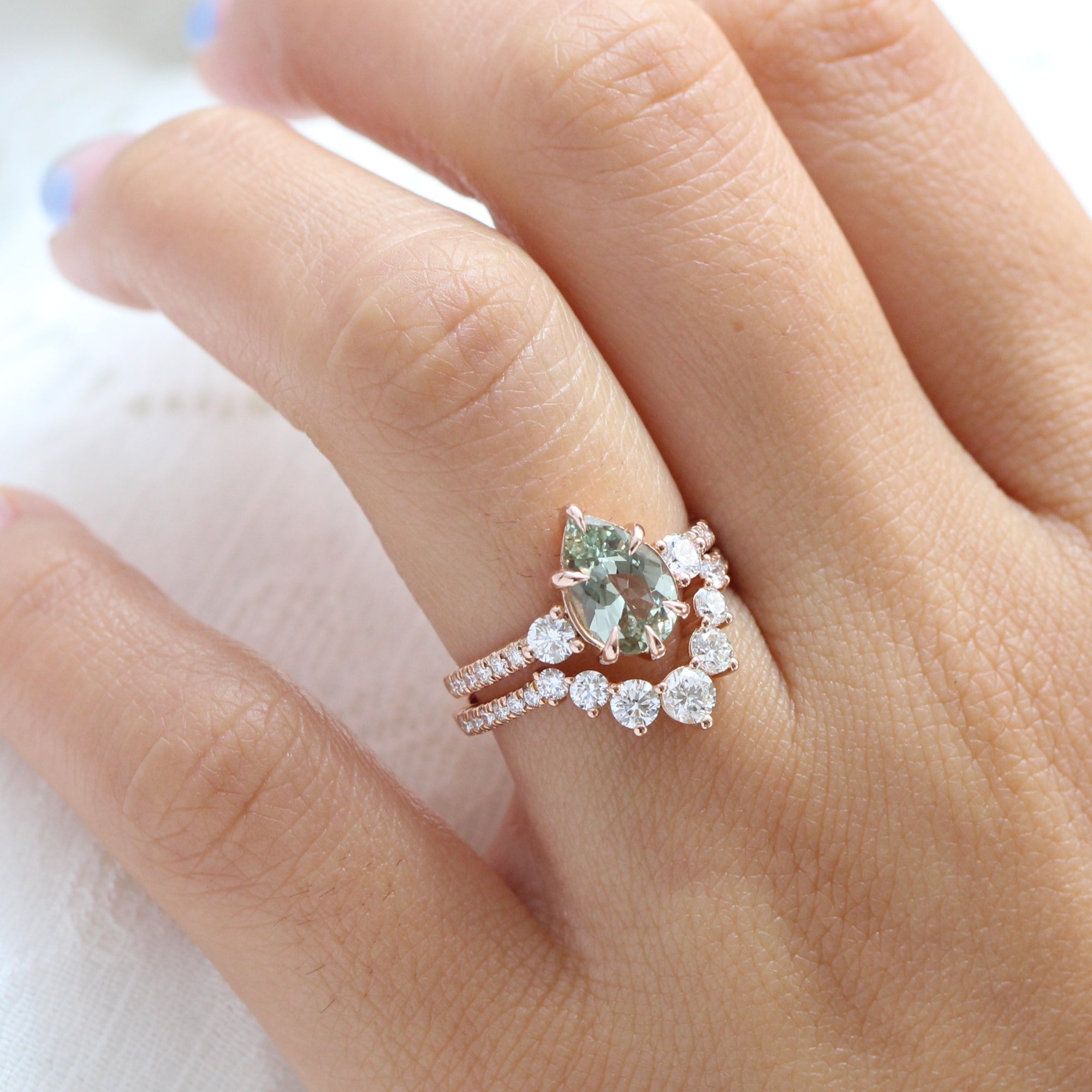 Pear sea foam green sapphire diamond ring rose gold 3 stone ring la more design jewelry