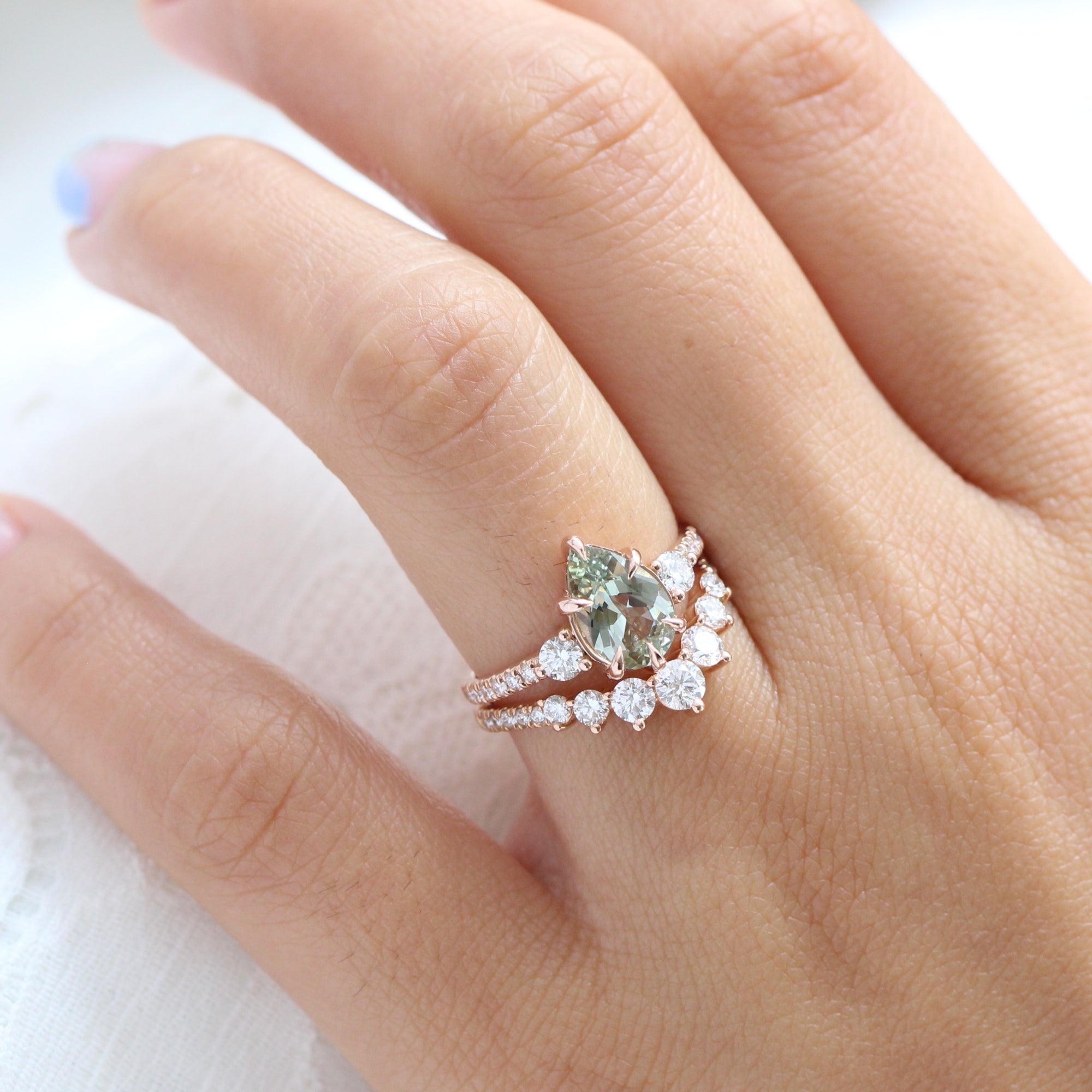 Pear sea foam green sapphire diamond ring rose gold 3 stone ring la more design jewelry