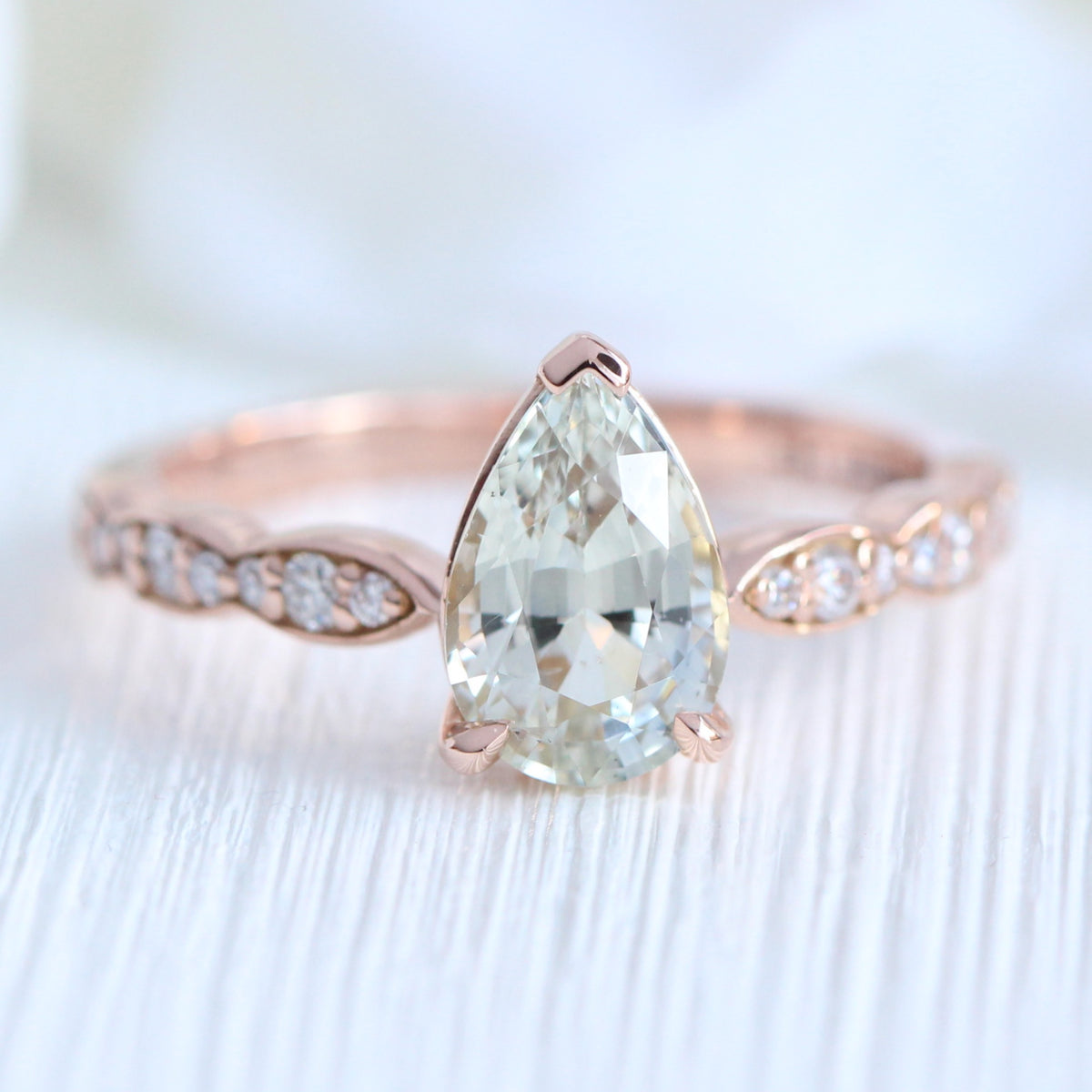 Pear seafoam green sapphire ring rose gold diamond band low set engagement ring la more design jewelry