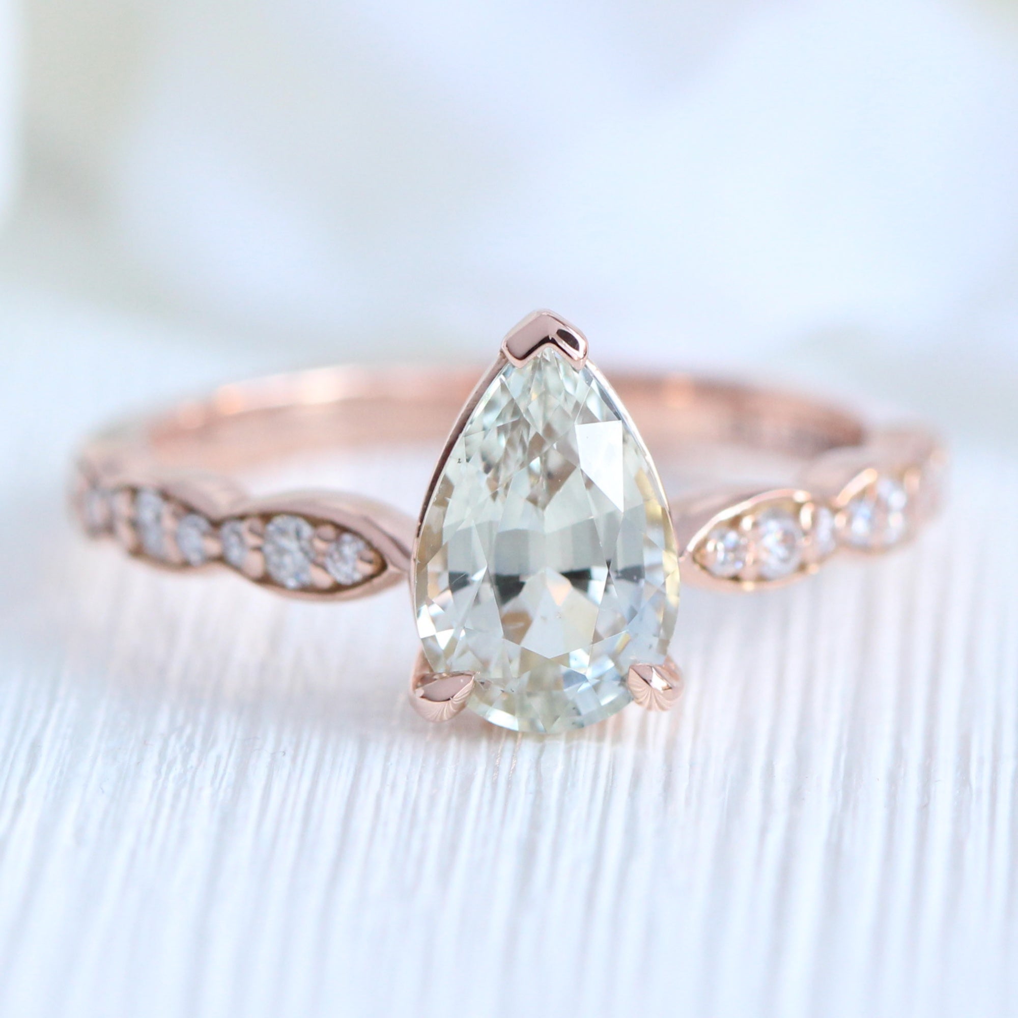 Pear seafoam green sapphire ring rose gold diamond band low set engagement ring la more design jewelry