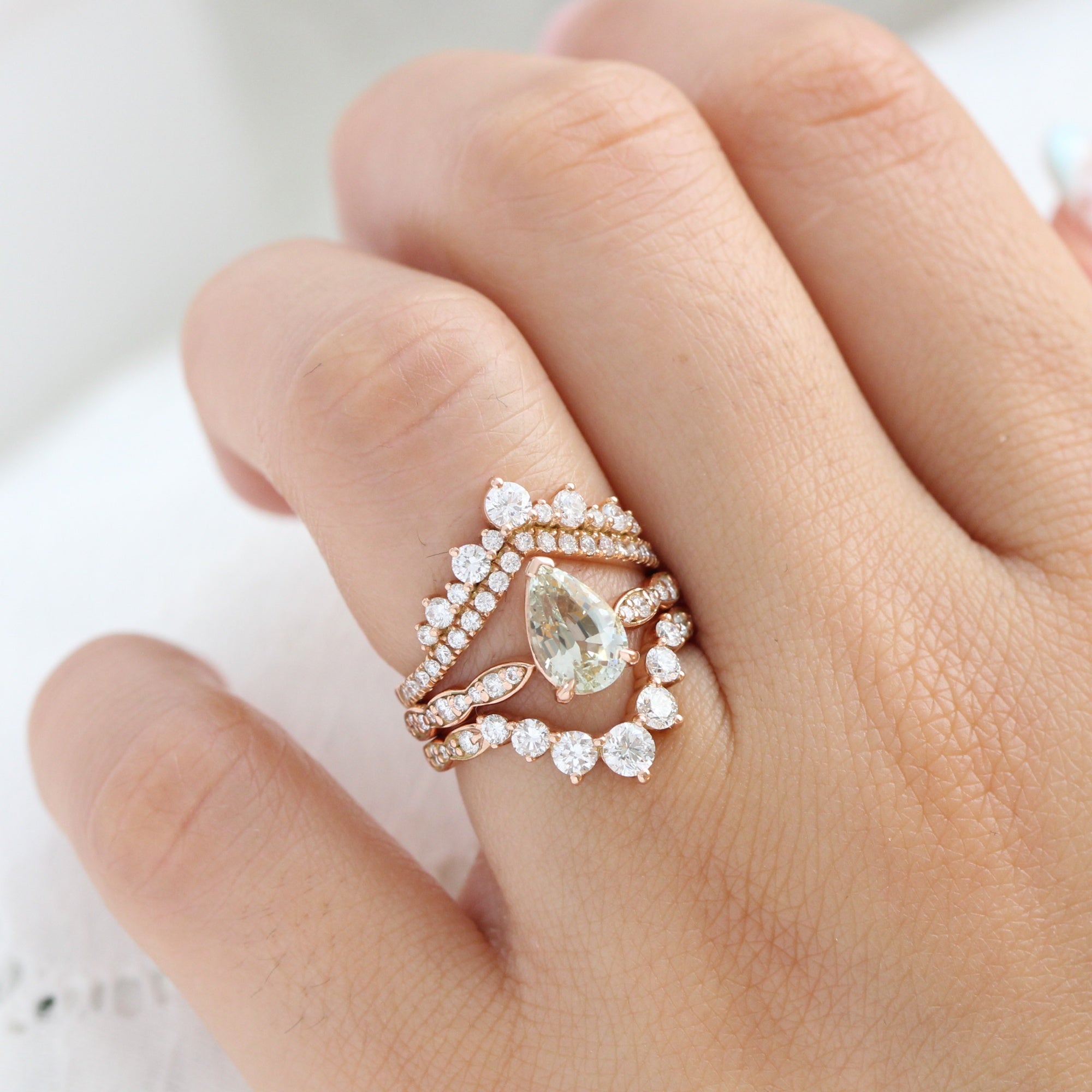 Pear seafoam green sapphire ring rose gold diamond band low set engagement ring la more design jewelry