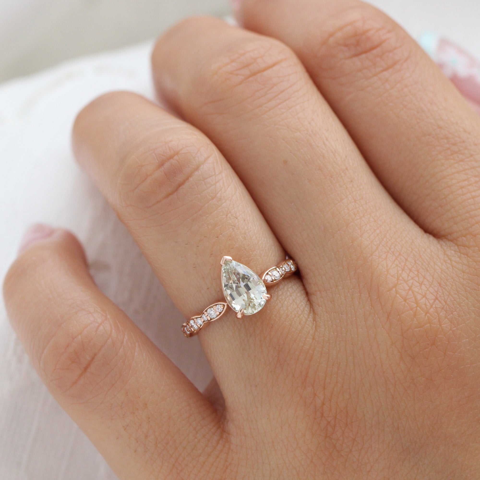 Pear seafoam green sapphire ring rose gold diamond band low set engagement ring la more design jewelry