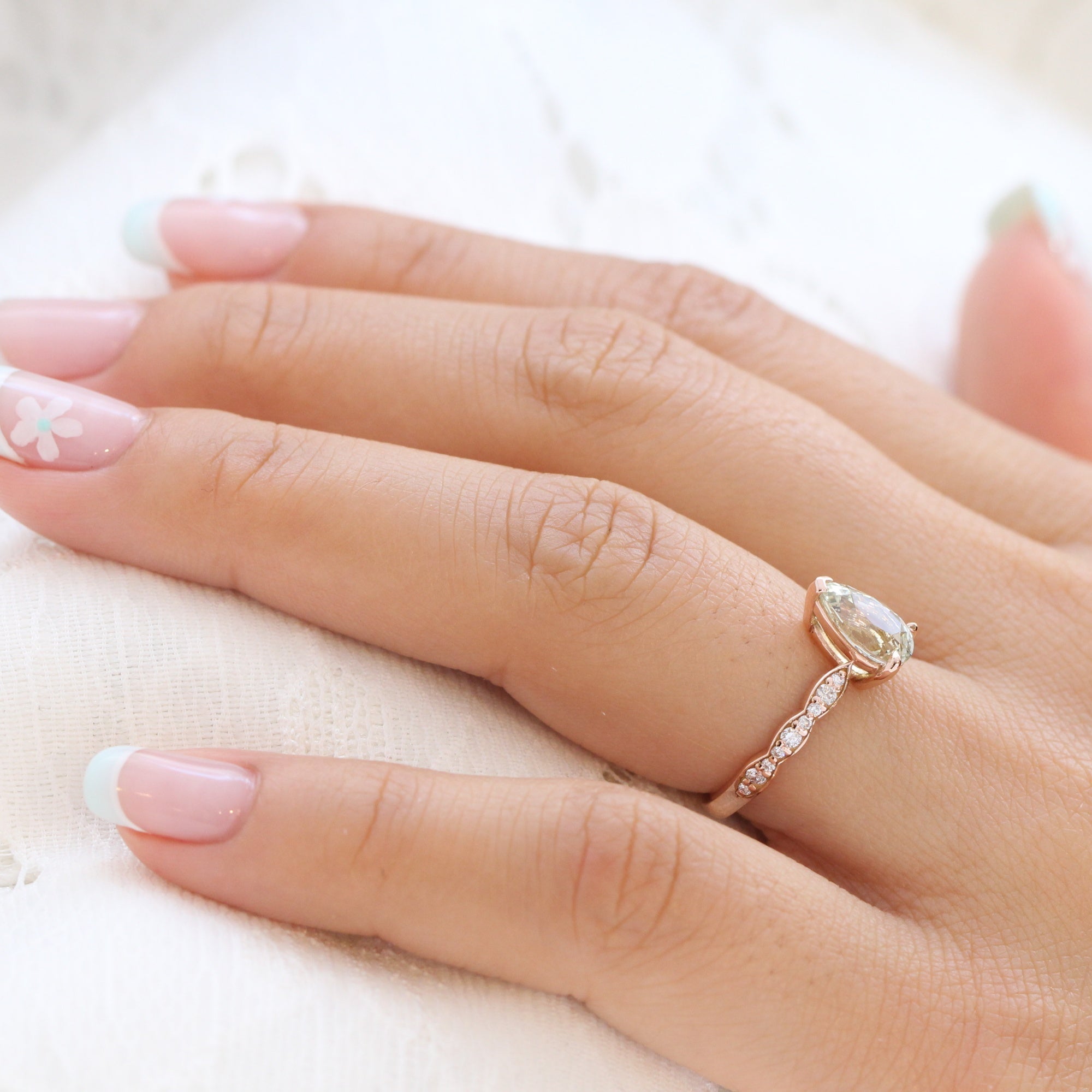 Pear seafoam green sapphire ring rose gold diamond band low set engagement ring la more design jewelry