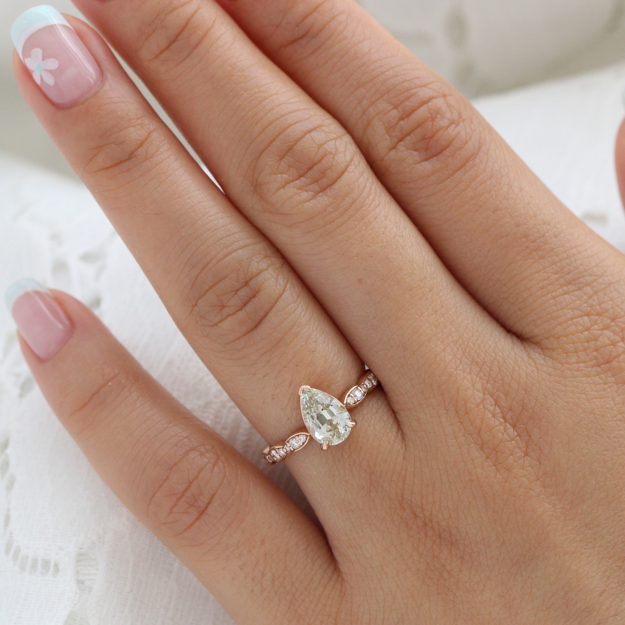 Pear seafoam green sapphire ring rose gold diamond band low set engagement ring la more design jewelry