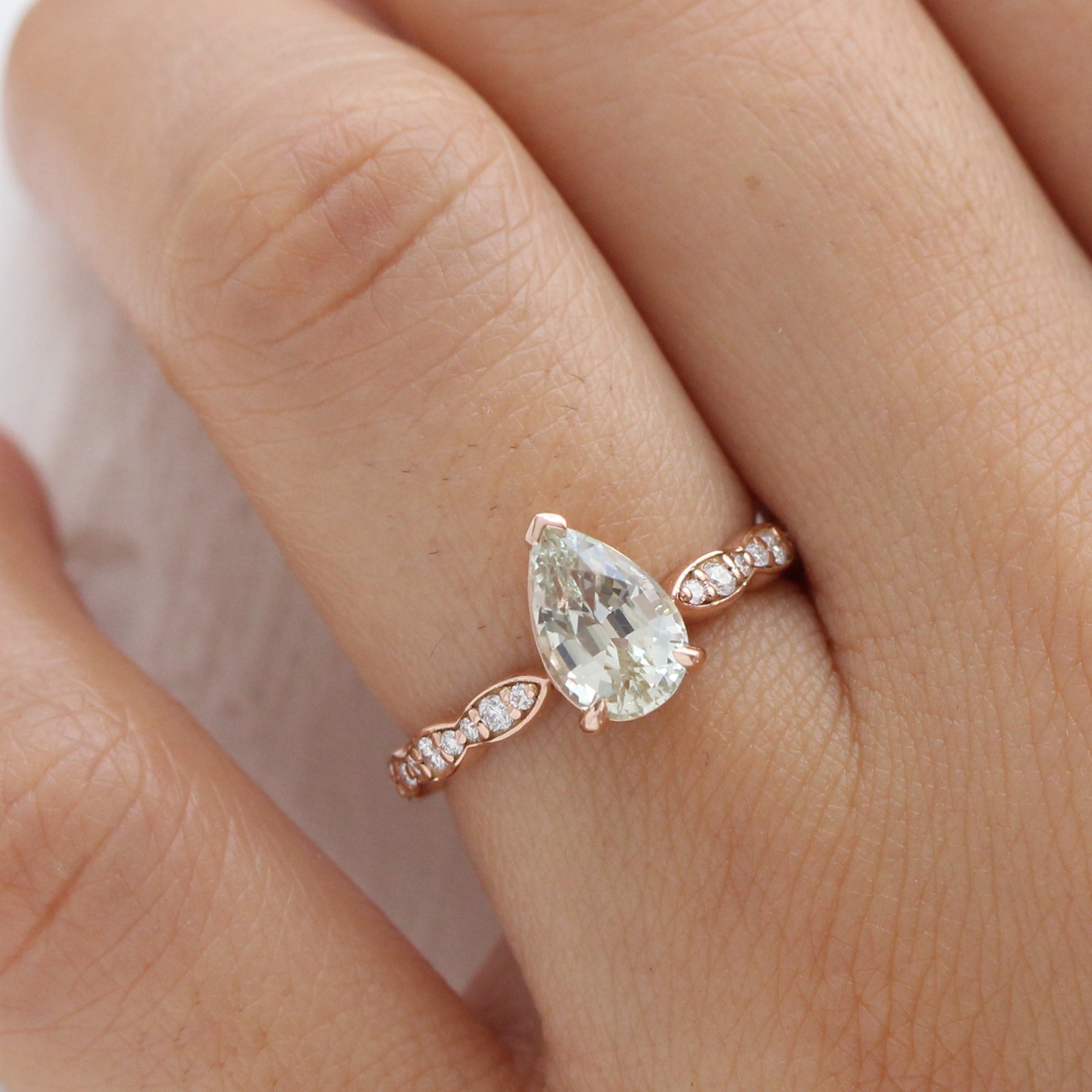 Pear seafoam green sapphire ring rose gold diamond band low set engagement ring la more design jewelry