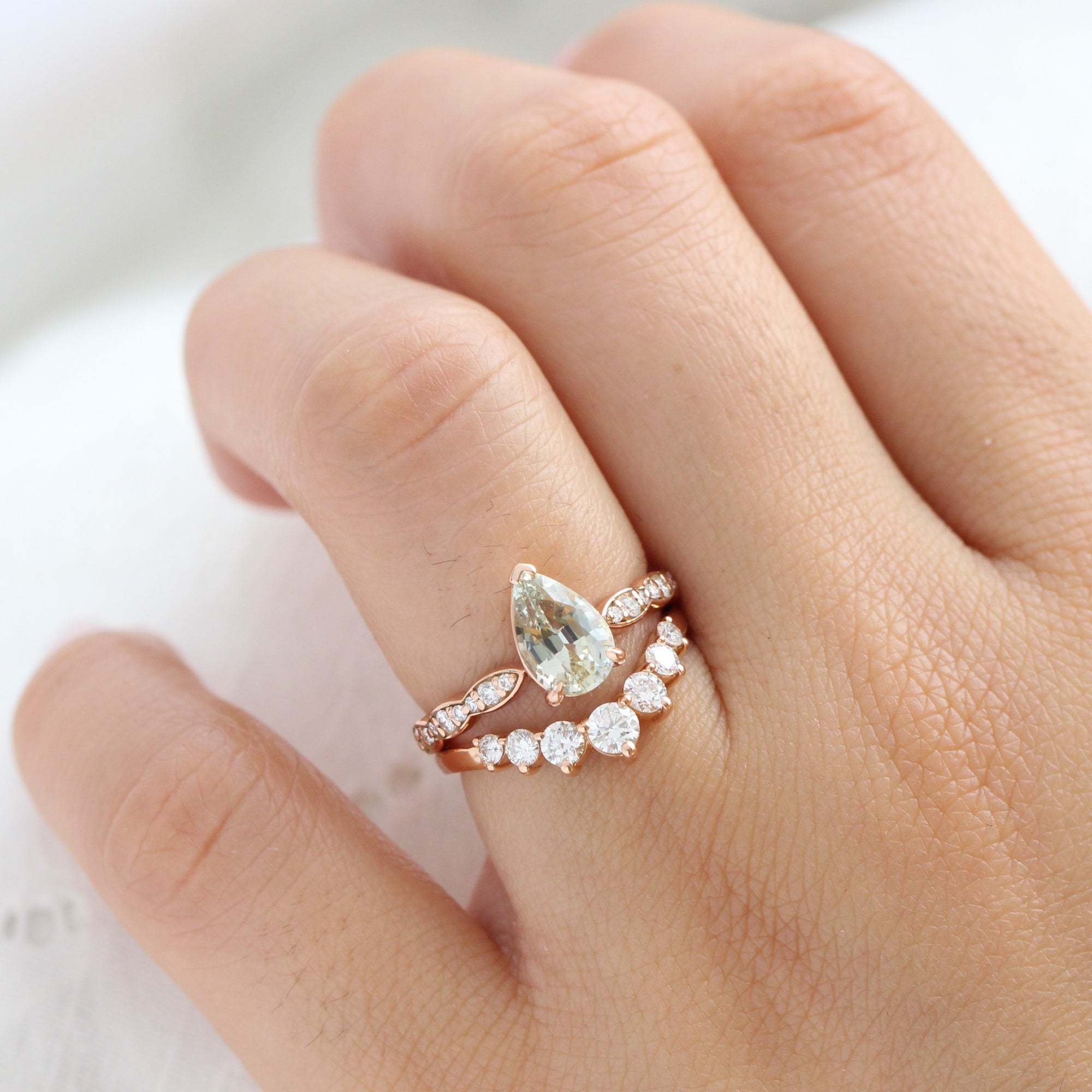 Pear seafoam green sapphire ring rose gold diamond band low set engagement ring la more design jewelry