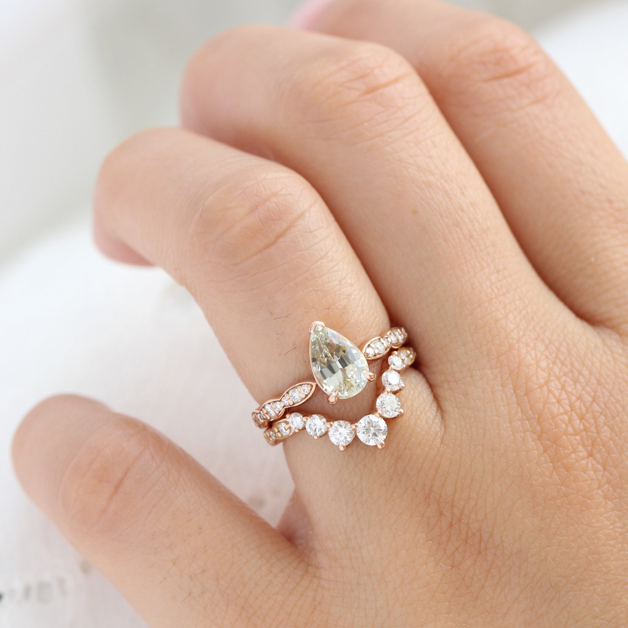 Pear seafoam green sapphire ring rose gold diamond band low set engagement ring la more design jewelry