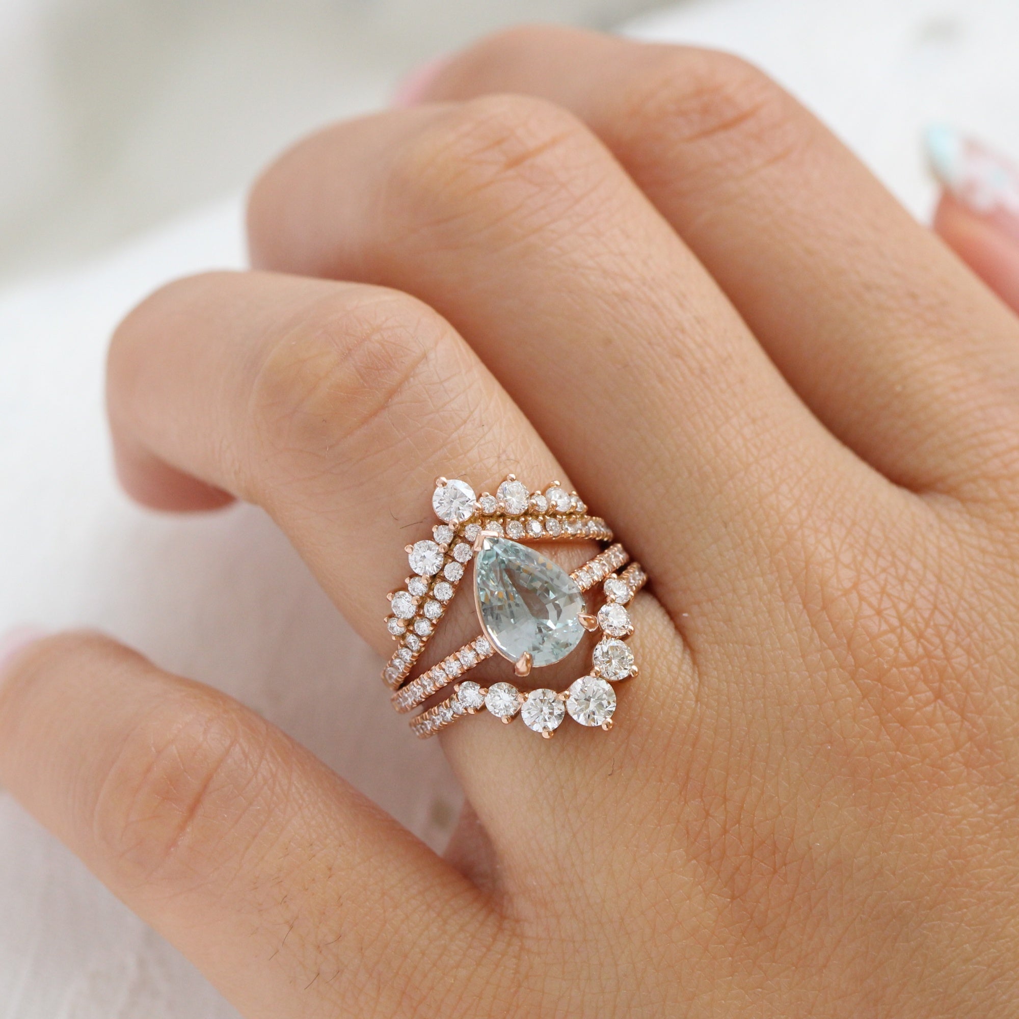 Pear seafoam green sapphire ring rose gold pave diamond band low set engagement ring la more design jewelry