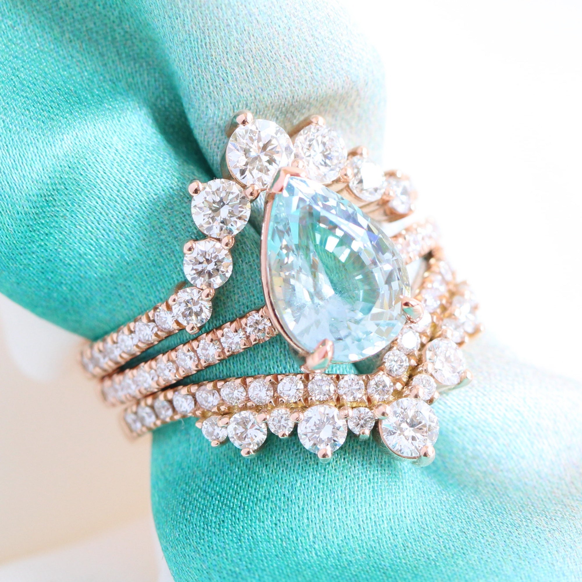 Pear seafoam green sapphire ring rose gold pave diamond band low set engagement ring la more design jewelry