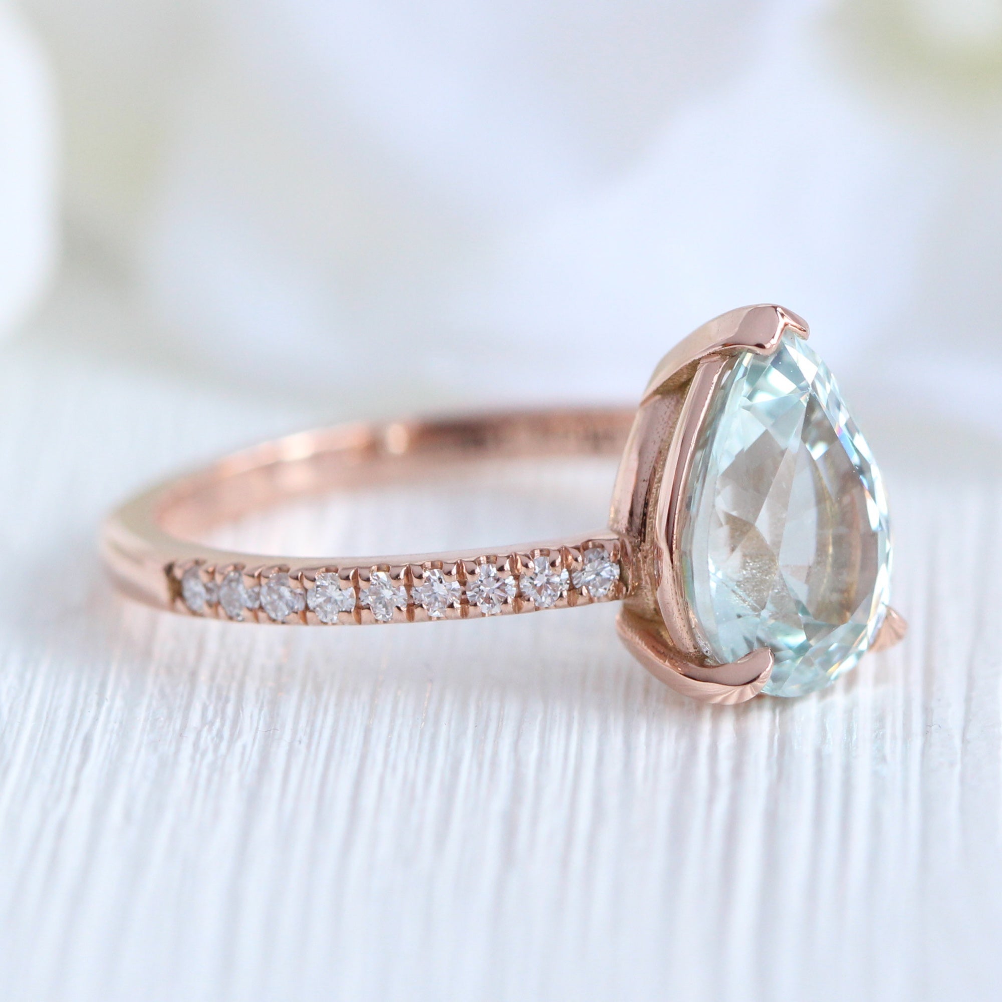 Pear seafoam green sapphire ring rose gold pave diamond band low set engagement ring la more design jewelry