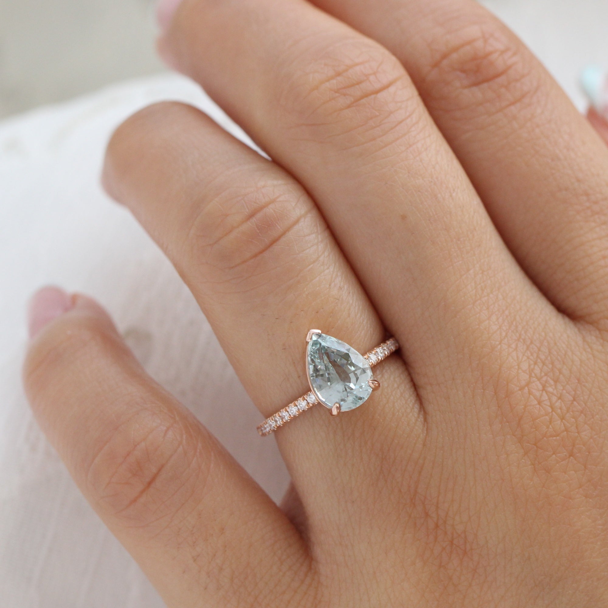 Pear seafoam green sapphire ring rose gold pave diamond band low set engagement ring la more design jewelry