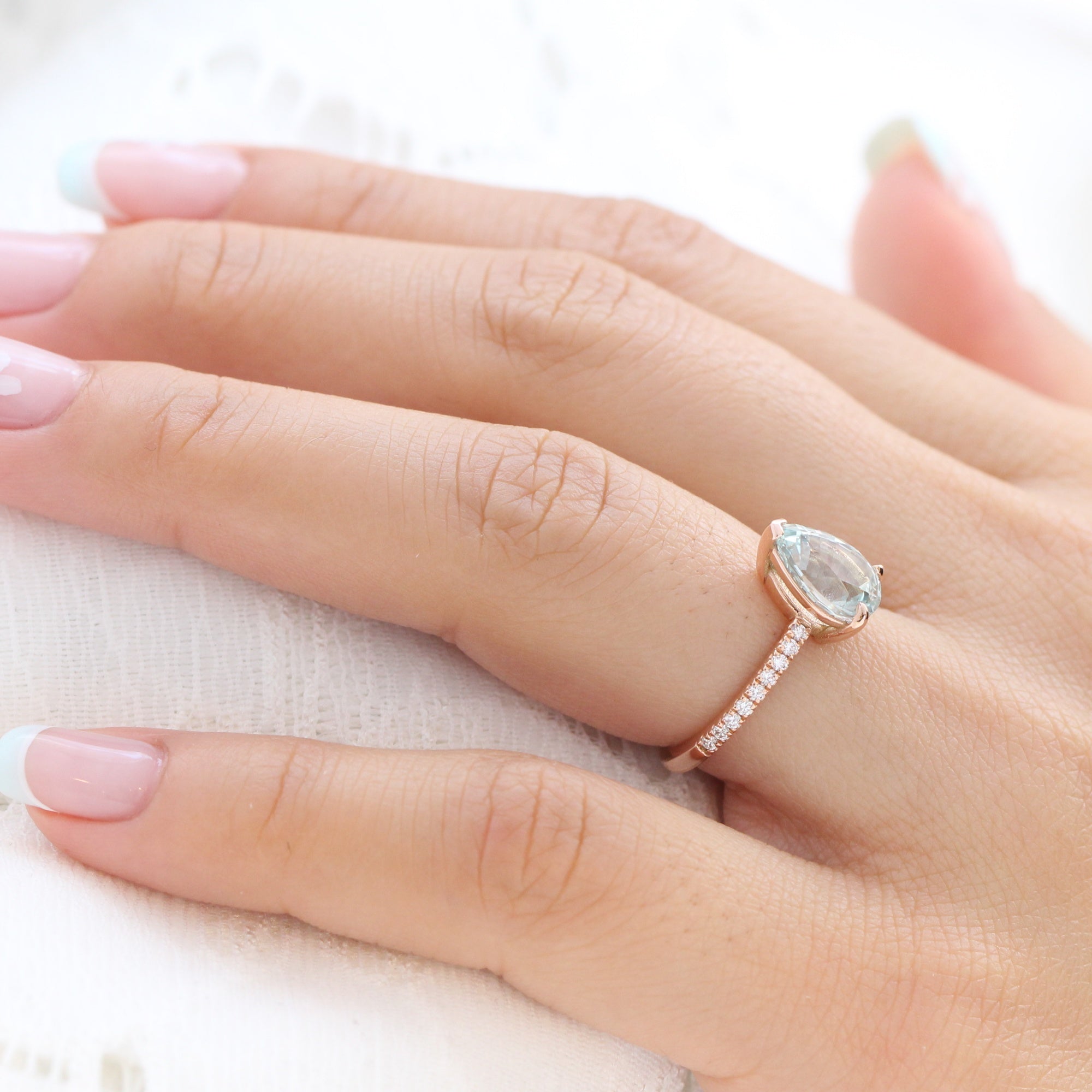 Pear seafoam green sapphire ring rose gold pave diamond band low set engagement ring la more design jewelry