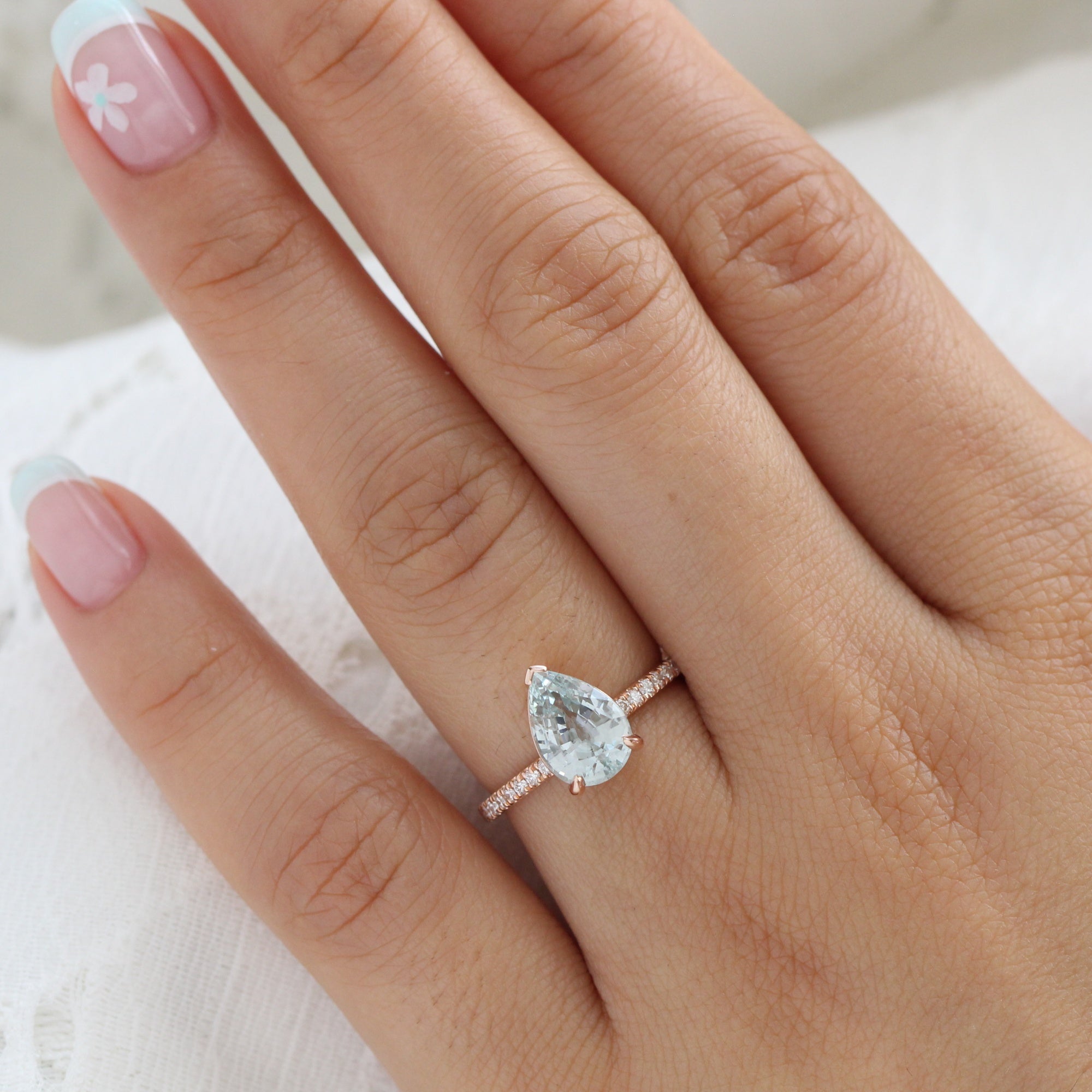 Pear seafoam green sapphire ring rose gold pave diamond band low set engagement ring la more design jewelry