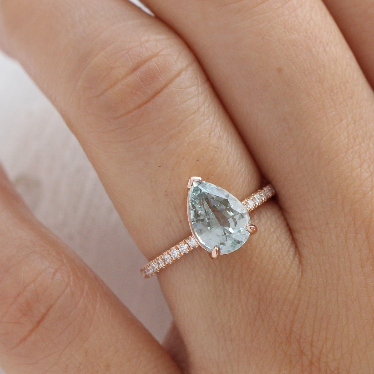 Pear seafoam green sapphire ring rose gold pave diamond band low set engagement ring la more design jewelry
