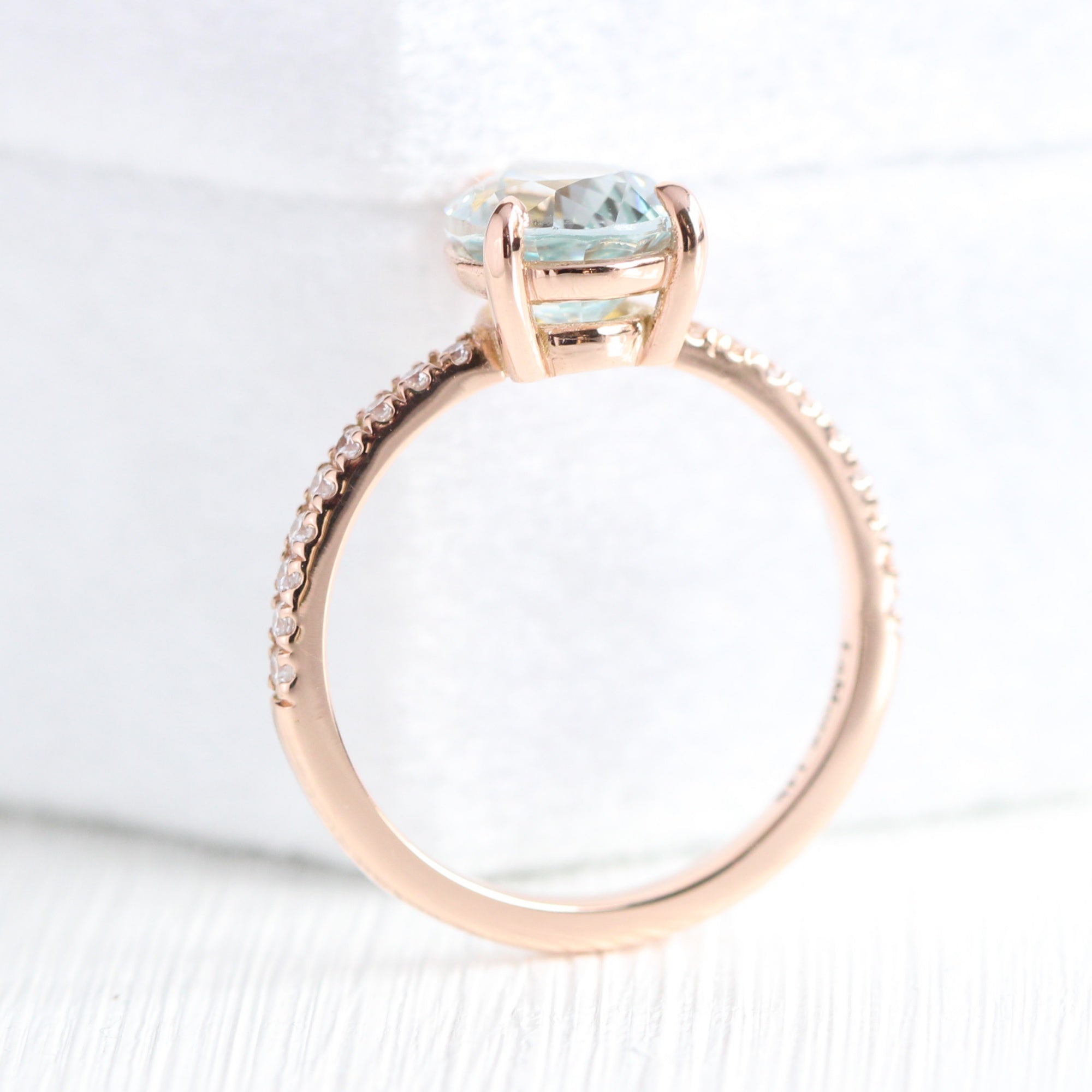 Pear seafoam green sapphire ring rose gold pave diamond band low set engagement ring la more design jewelry