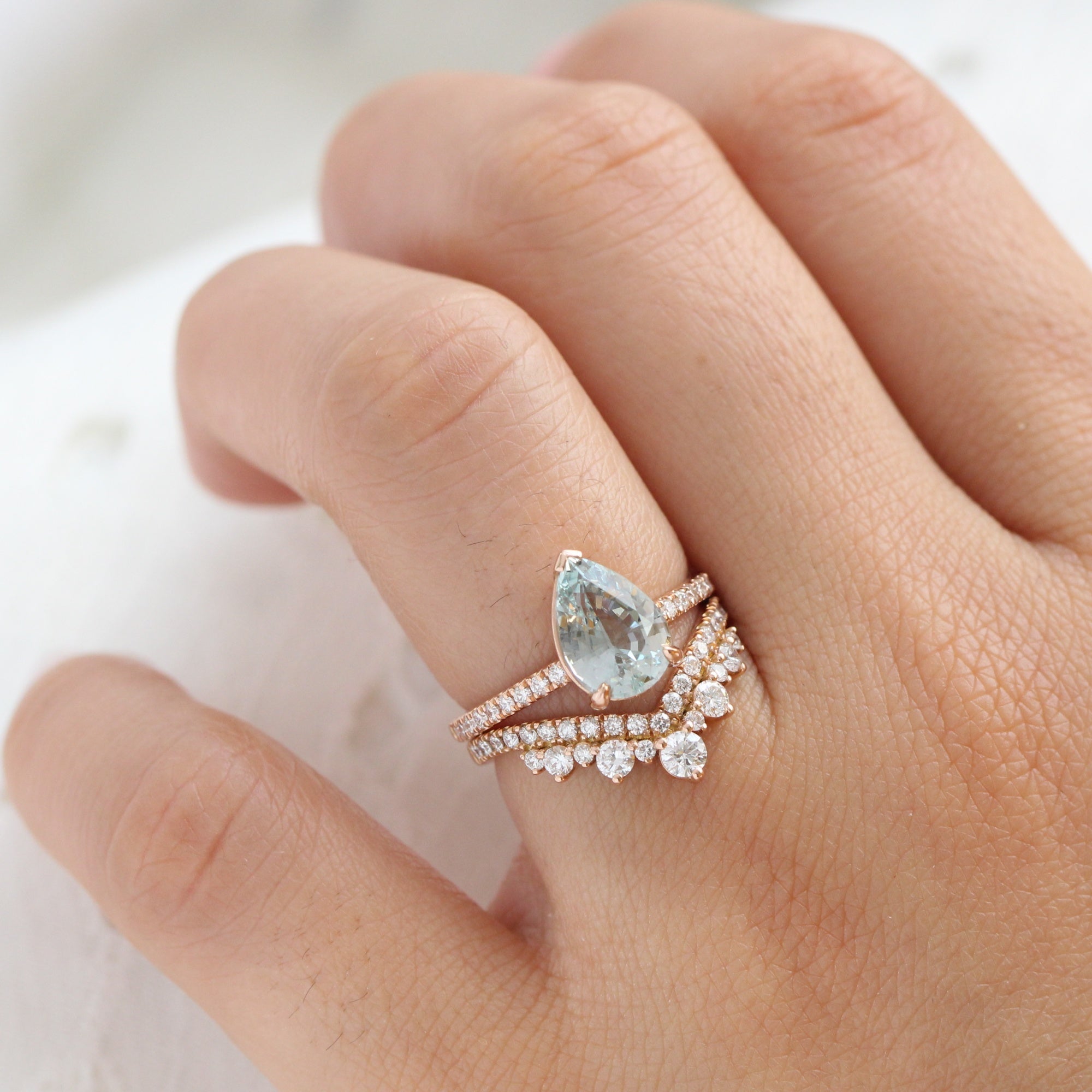 Pear seafoam green sapphire ring rose gold pave diamond band low set engagement ring la more design jewelry