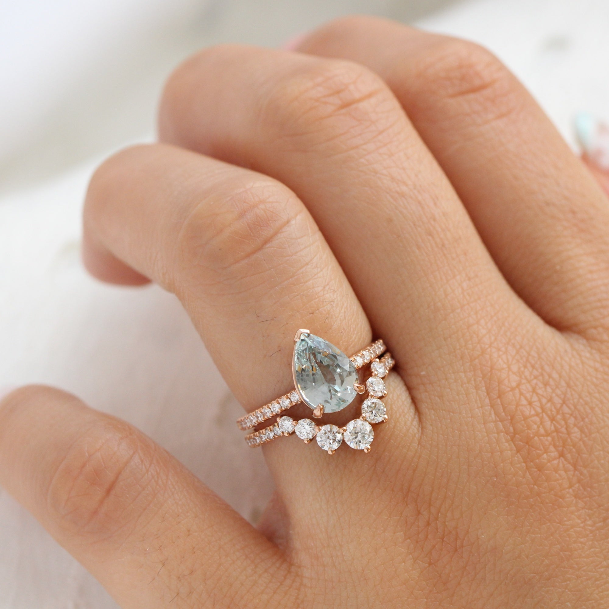 Pear seafoam green sapphire ring rose gold pave diamond band low set engagement ring la more design jewelry