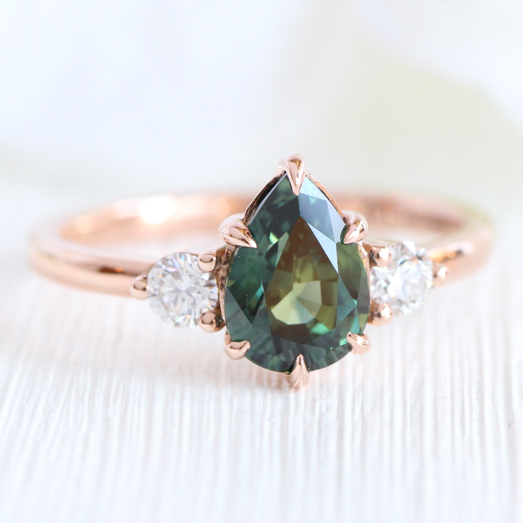 Pear teal green sapphire diamond ring rose gold 3 stone ring la more design jewelry