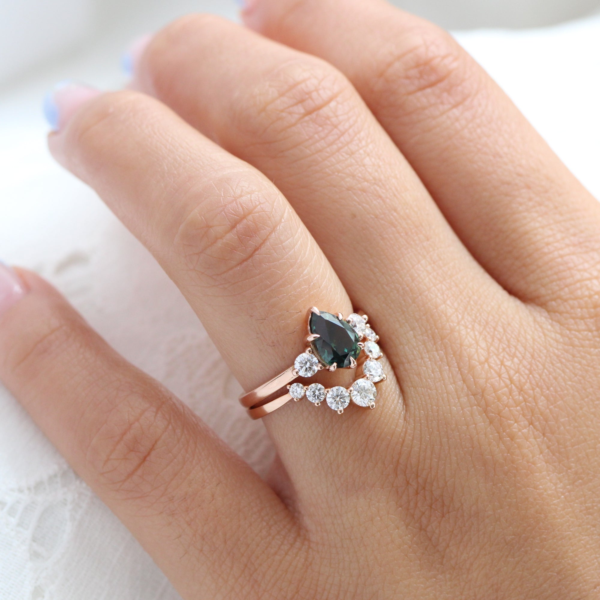 Pear teal green sapphire diamond ring rose gold 3 stone ring la more design jewelry